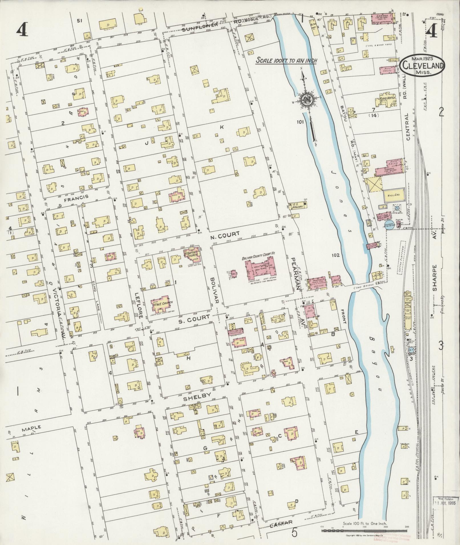 Sanborn Fire Insurance Map from Cleveland, Bolivar County, Mississippi (1925), Sheet #0004 - Complete Map Set gallery image, historic Sanborn map, vintage wall art, Mississippi Mississippi