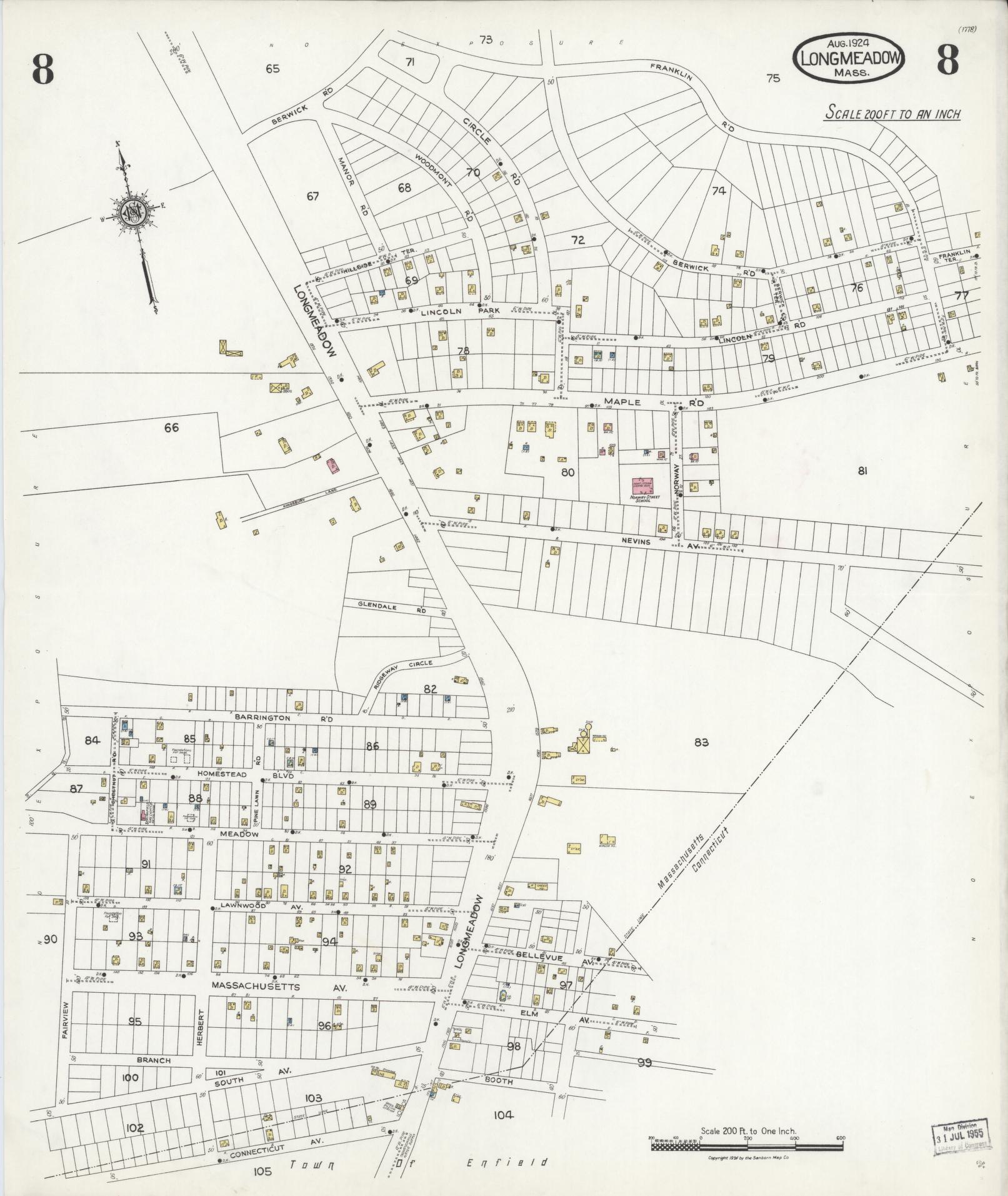 Sanborn Fire Insurance Map from Longmeadow, Hampden County, Massachusetts (1924), Sheet #0008 - Complete Map Set gallery image, historic Sanborn map, vintage wall art, Massachusetts Massachusetts