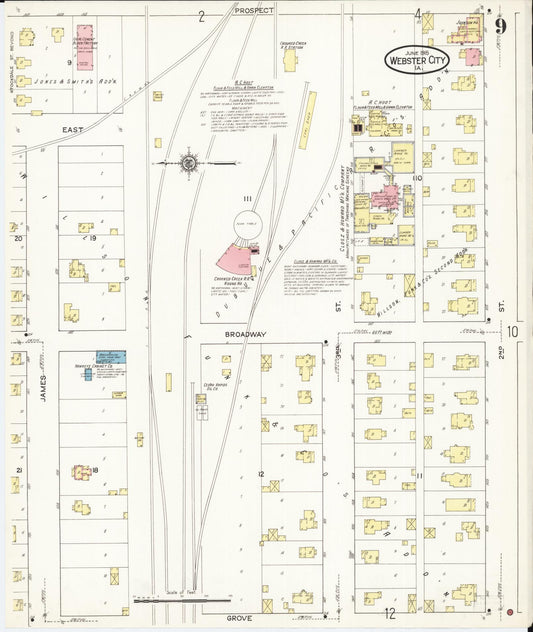 Sanborn Fire Insurance Map from Webster City, Hamilton County, Iowa (1915), Sheet #0009 - Historic Sanborn Fire Insurance Map Print, vintage old map wall art