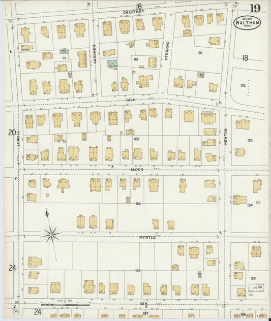 Sanborn Fire Insurance Map from Waltham, Middlesex County, Massachusetts (1897), Sheet #0019 - Historic Sanborn Fire Insurance Map Print, vintage old map wall art, antique decor, genealogy gift, Massachusetts Massachusetts map