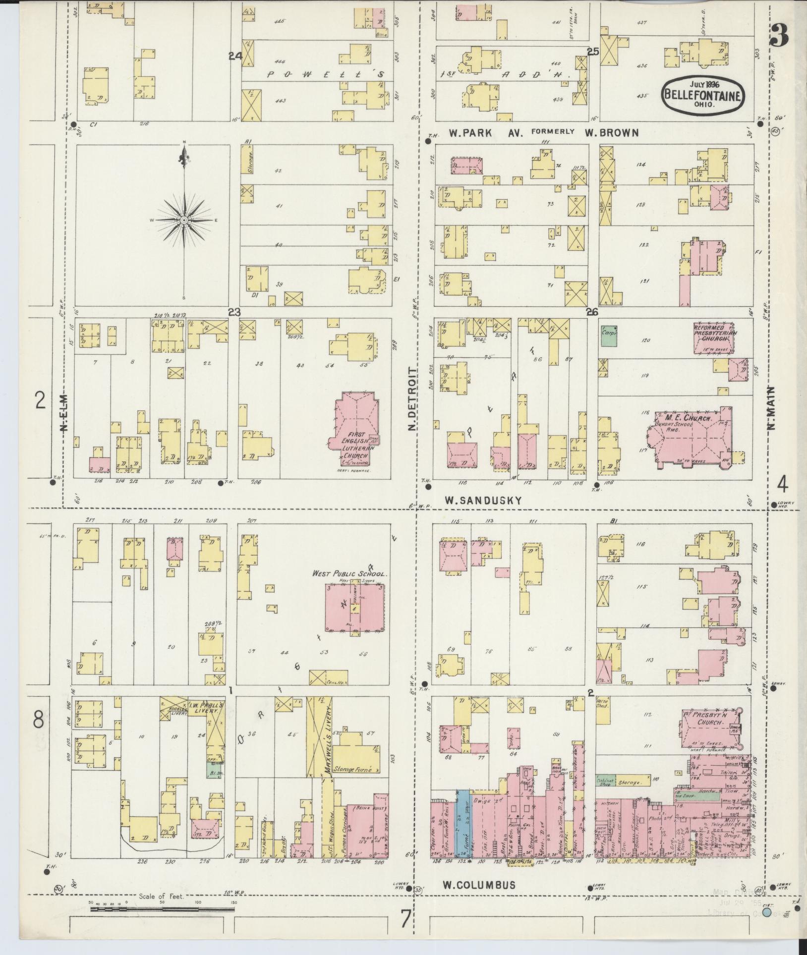 Sanborn Fire Insurance Map from Bellefontaine, Logan County, Ohio (1896), Sheet #0003 - Historic Sanborn Fire Insurance Map Print, vintage old map wall art, antique decor, genealogy gift, Ohio Ohio map
