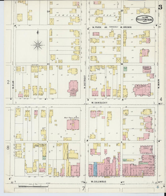 Sanborn Fire Insurance Map from Bellefontaine, Logan County, Ohio (1896), Sheet #0003 - Historic Sanborn Fire Insurance Map Print, vintage old map wall art, antique decor, genealogy gift, Ohio Ohio map