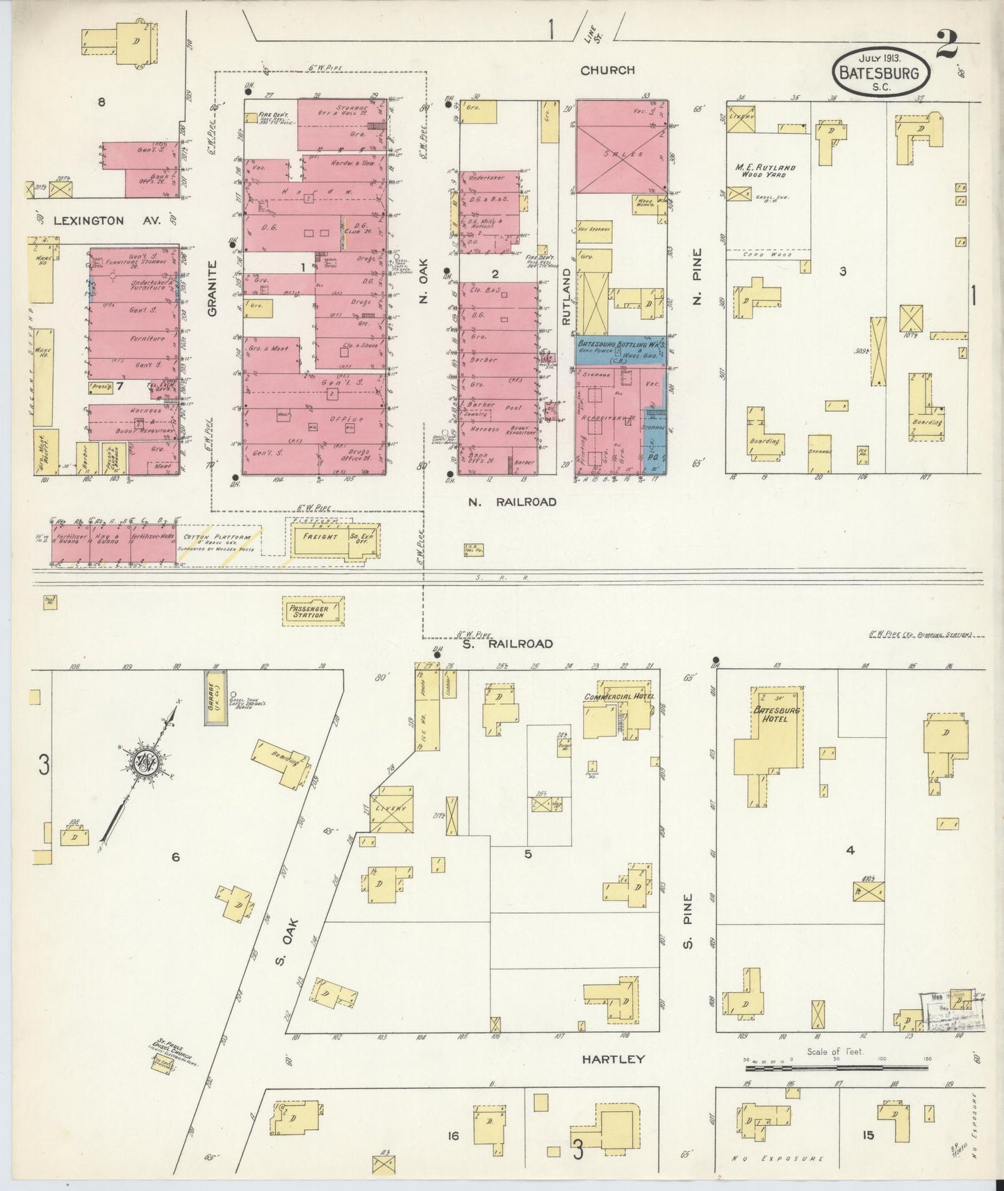 Sanborn Fire Insurance Map from Batesburg, Lexington And Saluda Counties, South Carolina (1913), Sheet #0002 - Historic Sanborn Fire Insurance Map Print, vintage old map wall art, antique decor, genealogy gift, South Carolina South Carolina map