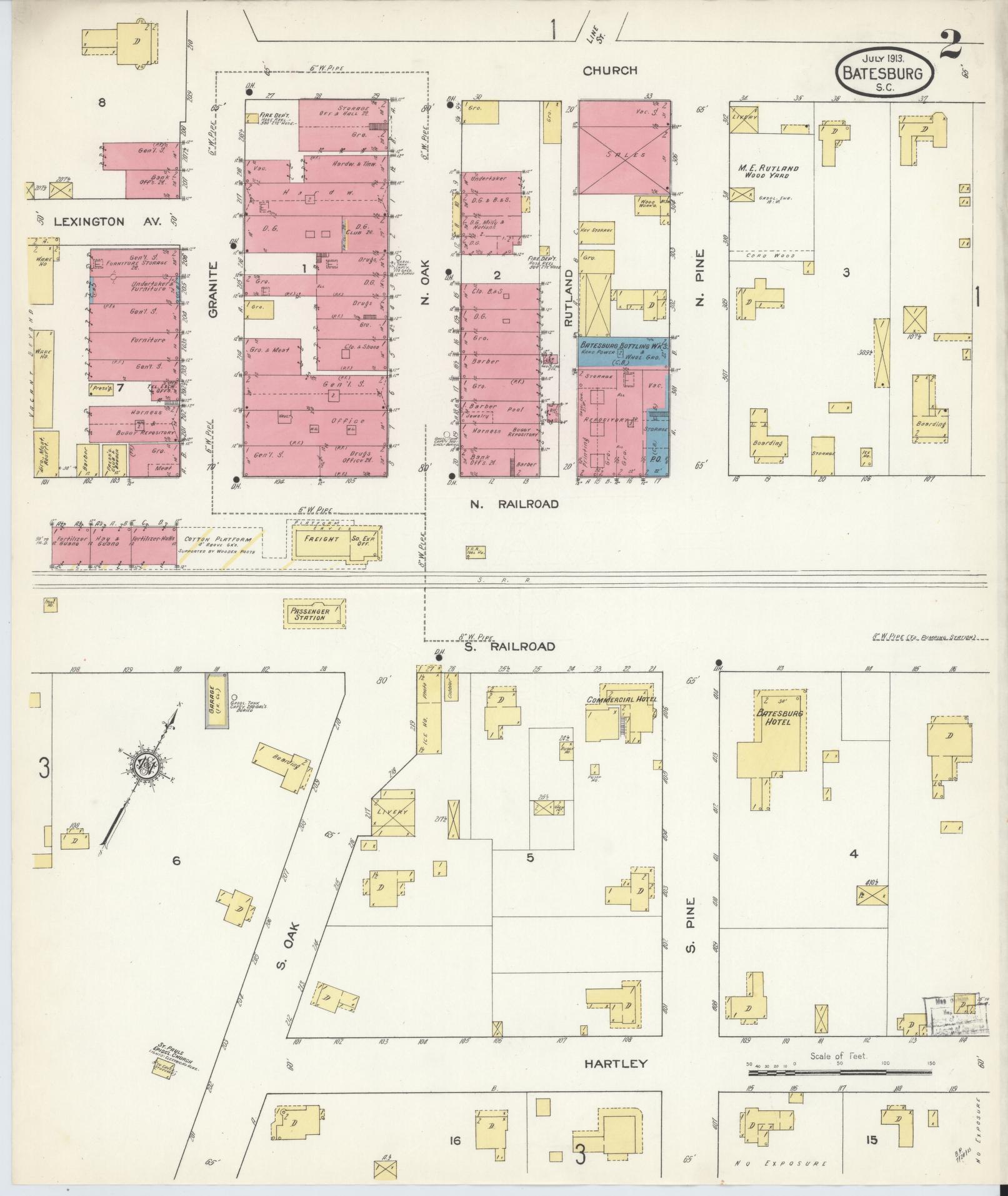 Sanborn Fire Insurance Map from Batesburg, Lexington And Saluda Counties, South Carolina (1913), Sheet #0002 - Historic Sanborn Fire Insurance Map Print, vintage old map wall art, antique decor, genealogy gift, South Carolina South Carolina map