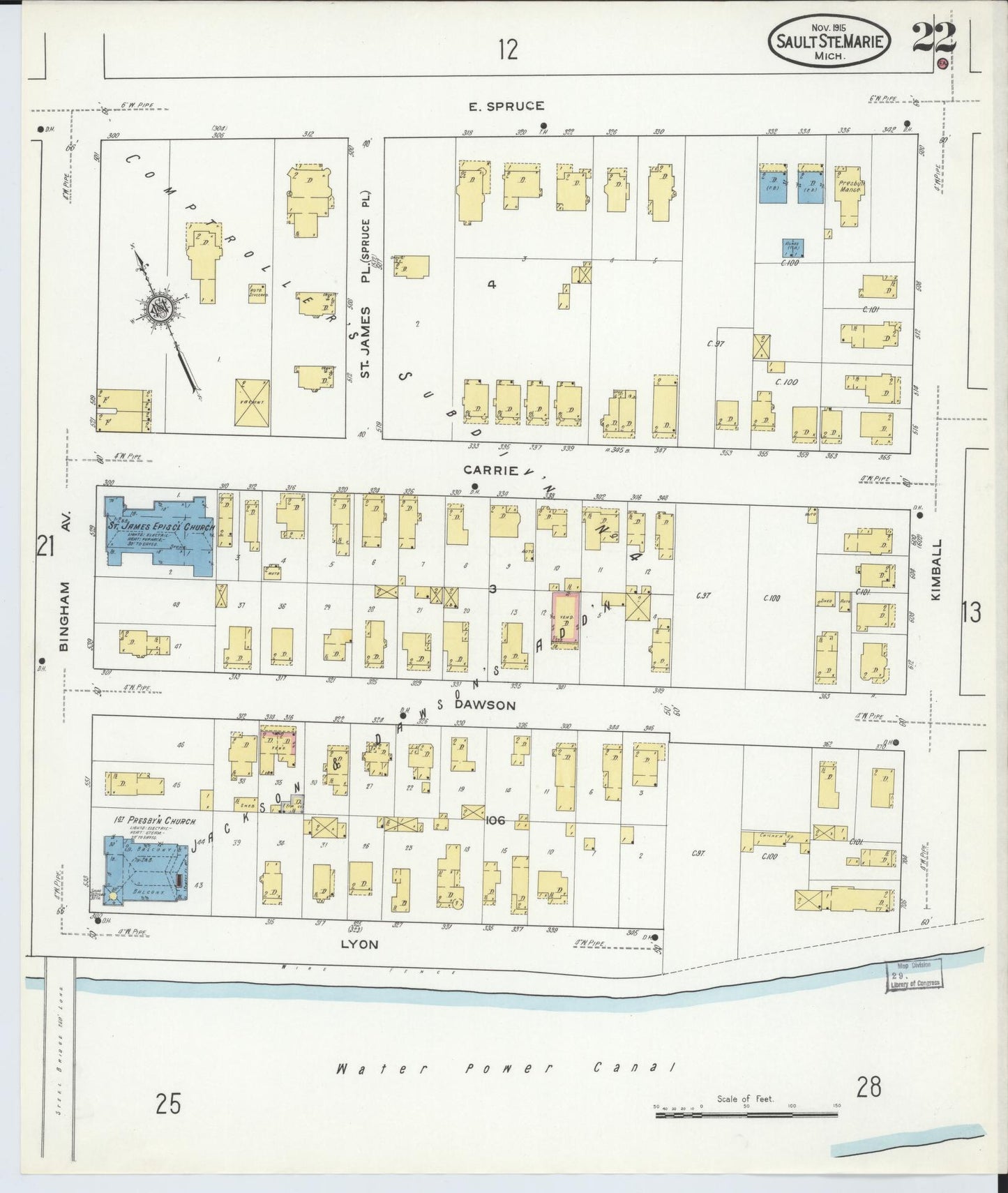 Sanborn Fire Insurance Map from Sault Sainte Marie, Chippewa County, Michigan (1915), Sheet #0022 - Complete Map Set gallery image, historic Sanborn map, vintage wall art, Michigan Michigan