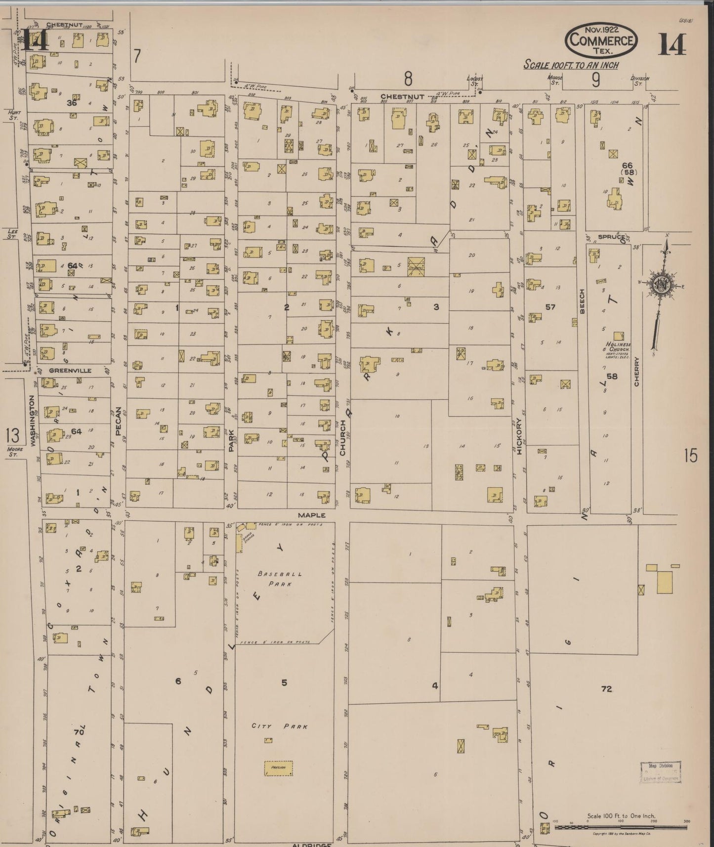 Sanborn Fire Insurance Map from Commerce, Hunt County, Texas (1922), Sheet #0014 - Historic Sanborn Fire Insurance Map Print, vintage old map wall art, antique decor, genealogy gift, Texas Texas map