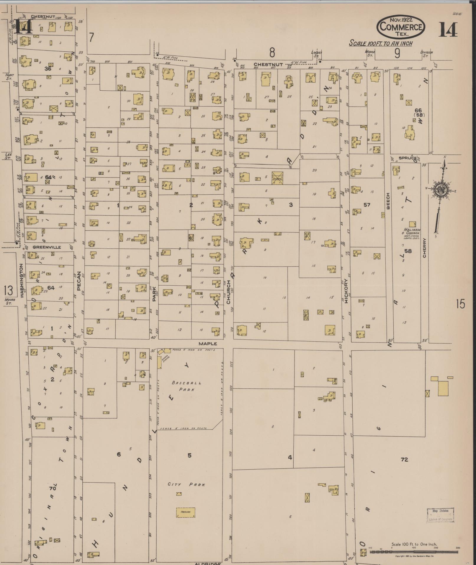 Sanborn Fire Insurance Map from Commerce, Hunt County, Texas (1922), Sheet #0014 - Historic Sanborn Fire Insurance Map Print, vintage old map wall art, antique decor, genealogy gift, Texas Texas map