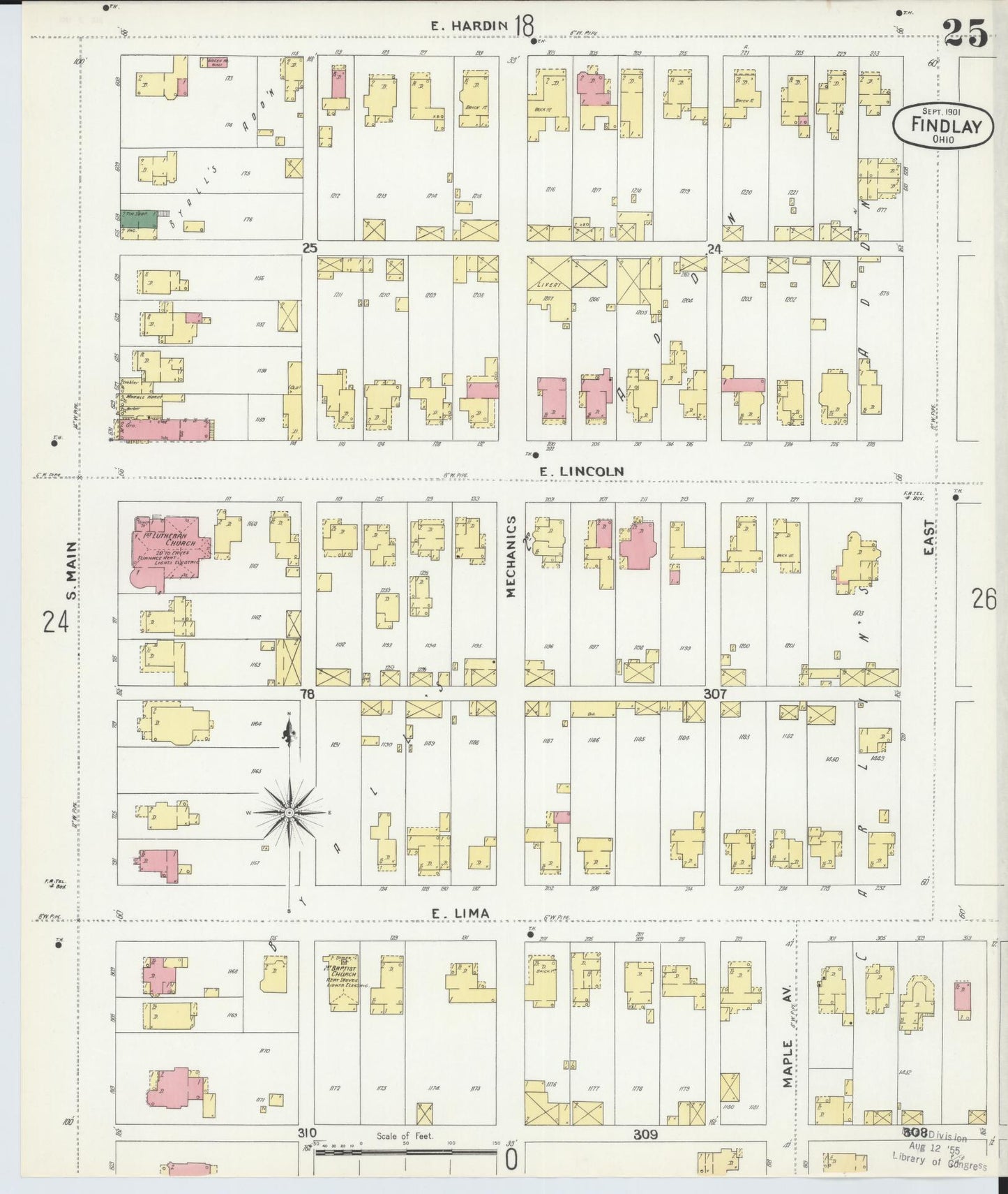 Sanborn Fire Insurance Map from Findlay, Hancock County, Ohio (1901), Sheet #0025 - Historic Sanborn Fire Insurance Map Print, vintage old map wall art, antique decor, genealogy gift, Ohio Ohio map