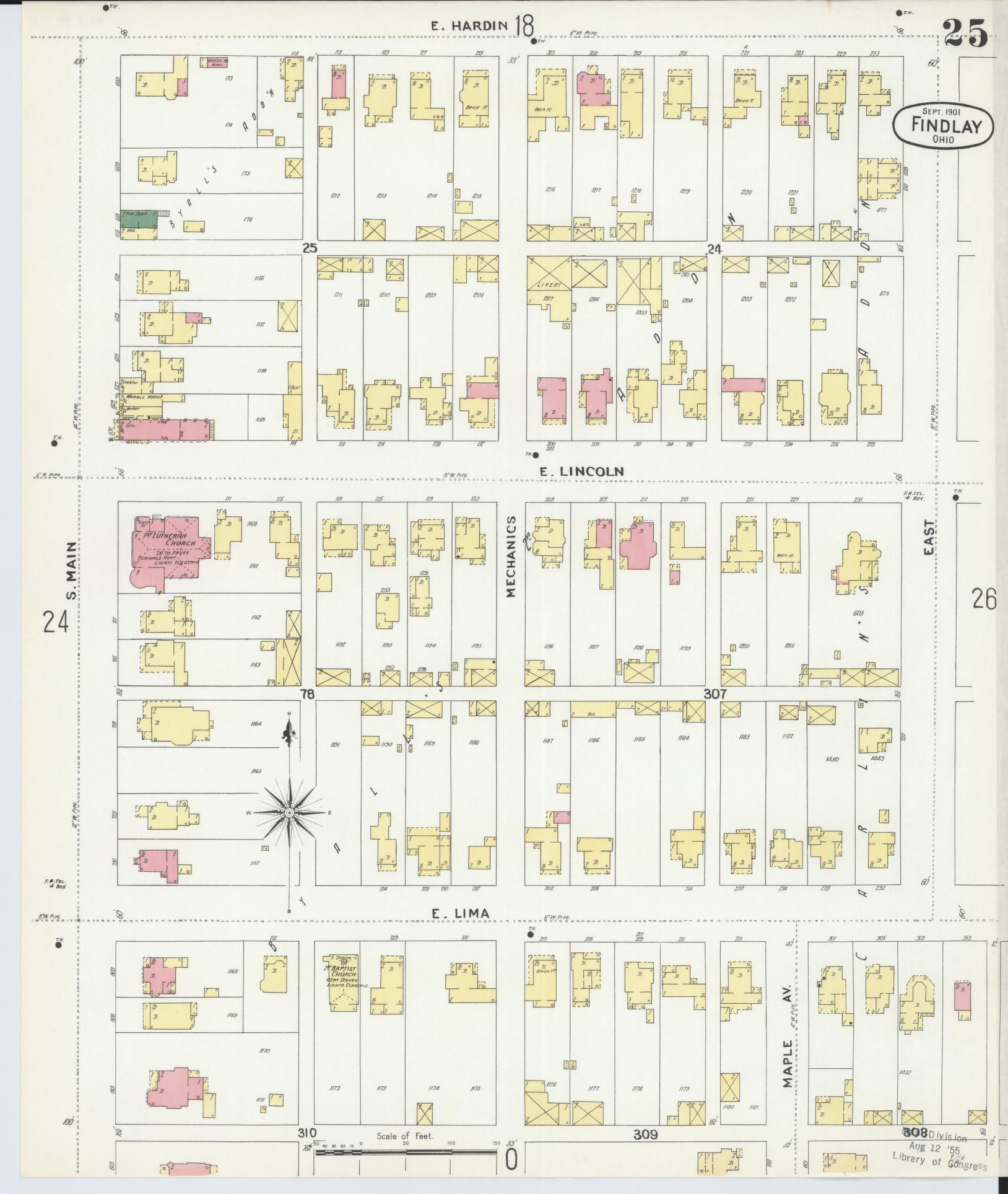 Sanborn Fire Insurance Map from Findlay, Hancock County, Ohio (1901), Sheet #0025 - Historic Sanborn Fire Insurance Map Print, vintage old map wall art, antique decor, genealogy gift, Ohio Ohio map