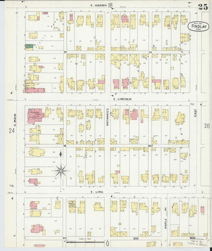 Sanborn Fire Insurance Map from Findlay, Hancock County, Ohio (1901), Sheet #0025 - Historic Sanborn Fire Insurance Map Print, vintage old map wall art, antique decor, genealogy gift, Ohio Ohio map