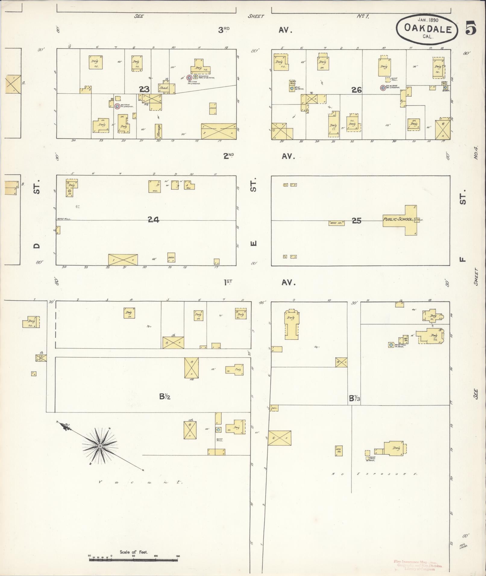 Sanborn Fire Insurance Map from Oakdale, Stanislaus County, California (1890), Sheet #0005 - Historic Sanborn Fire Insurance Map Print, vintage old map wall art, antique decor, genealogy gift, California California map