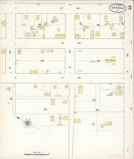 Sanborn Fire Insurance Map from Oakdale, Stanislaus County, California (1890), Sheet #0005 - Historic Sanborn Fire Insurance Map Print, vintage old map wall art, antique decor, genealogy gift, California California map