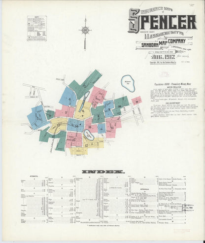 Sanborn Fire Insurance Map from Spencer, Worcester County, Massachusetts (1912), Sheet #0001 - Historic Sanborn Fire Insurance Map Print, vintage old map wall art, antique decor, genealogy gift, Massachusetts Massachusetts map