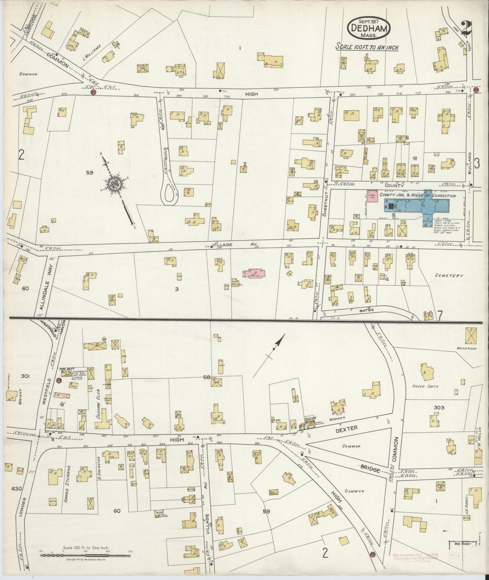 Sanborn Fire Insurance Map from Dedham, Norfolk County, Massachusetts (1917), Sheet #0002 - Complete Map Set gallery image, historic Sanborn map, vintage wall art, Massachusetts Massachusetts