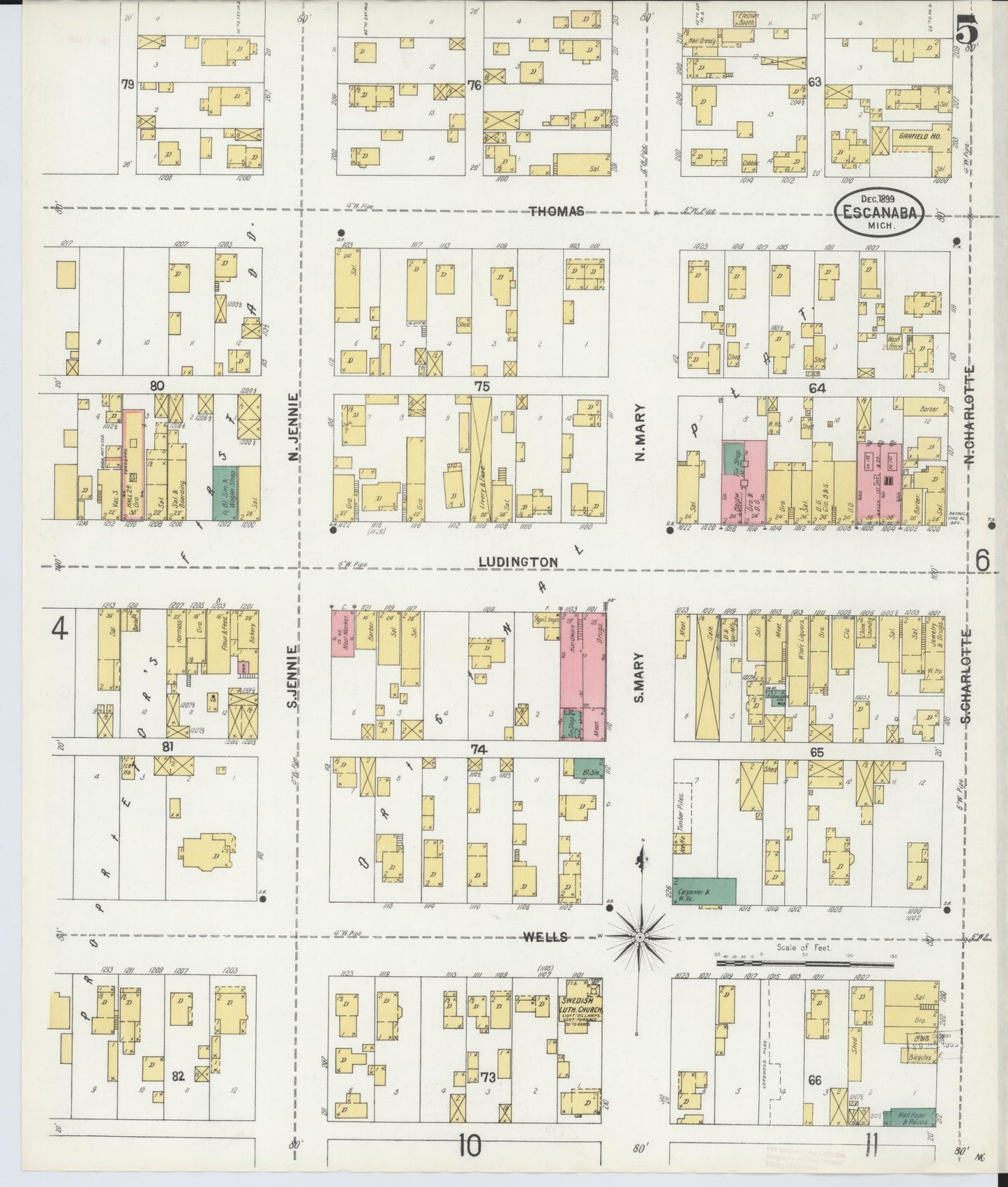 Sanborn Fire Insurance Map from Escanaba, Delta County, Michigan (1899), Sheet #0005 - Complete Map Set gallery image, historic Sanborn map, vintage wall art, Michigan Michigan