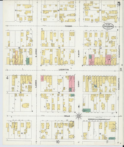 Sanborn Fire Insurance Map from Escanaba, Delta County, Michigan (1899), Sheet #0005 - Complete Map Set gallery image, historic Sanborn map, vintage wall art, Michigan Michigan