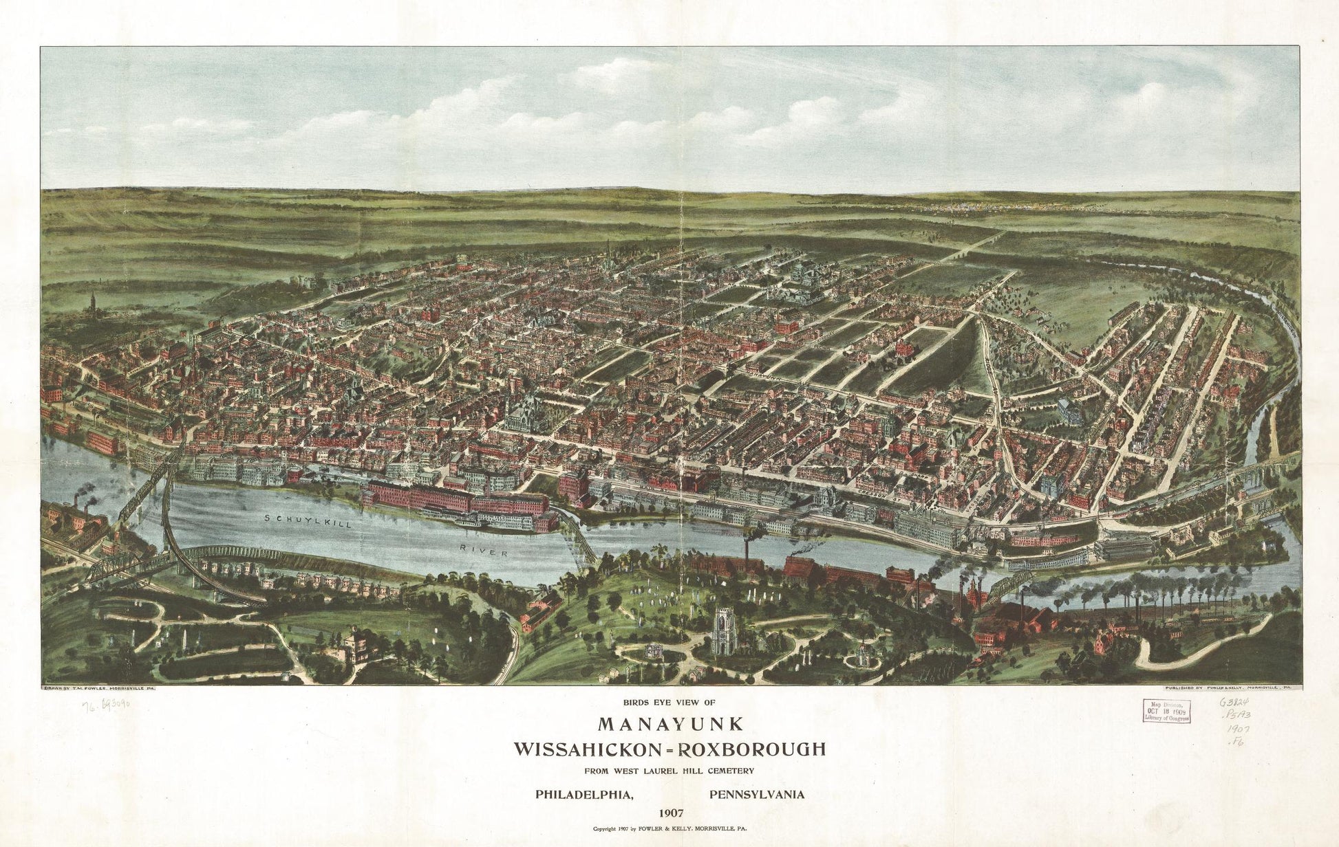 Birds eye view of Manayunk, Wissahickon=Roxborough from West Laurel Hill Cemetery, Philadelphia, Pennsylvania 1907. (1907) – Historic Bird’s-Eye View Panorama Print