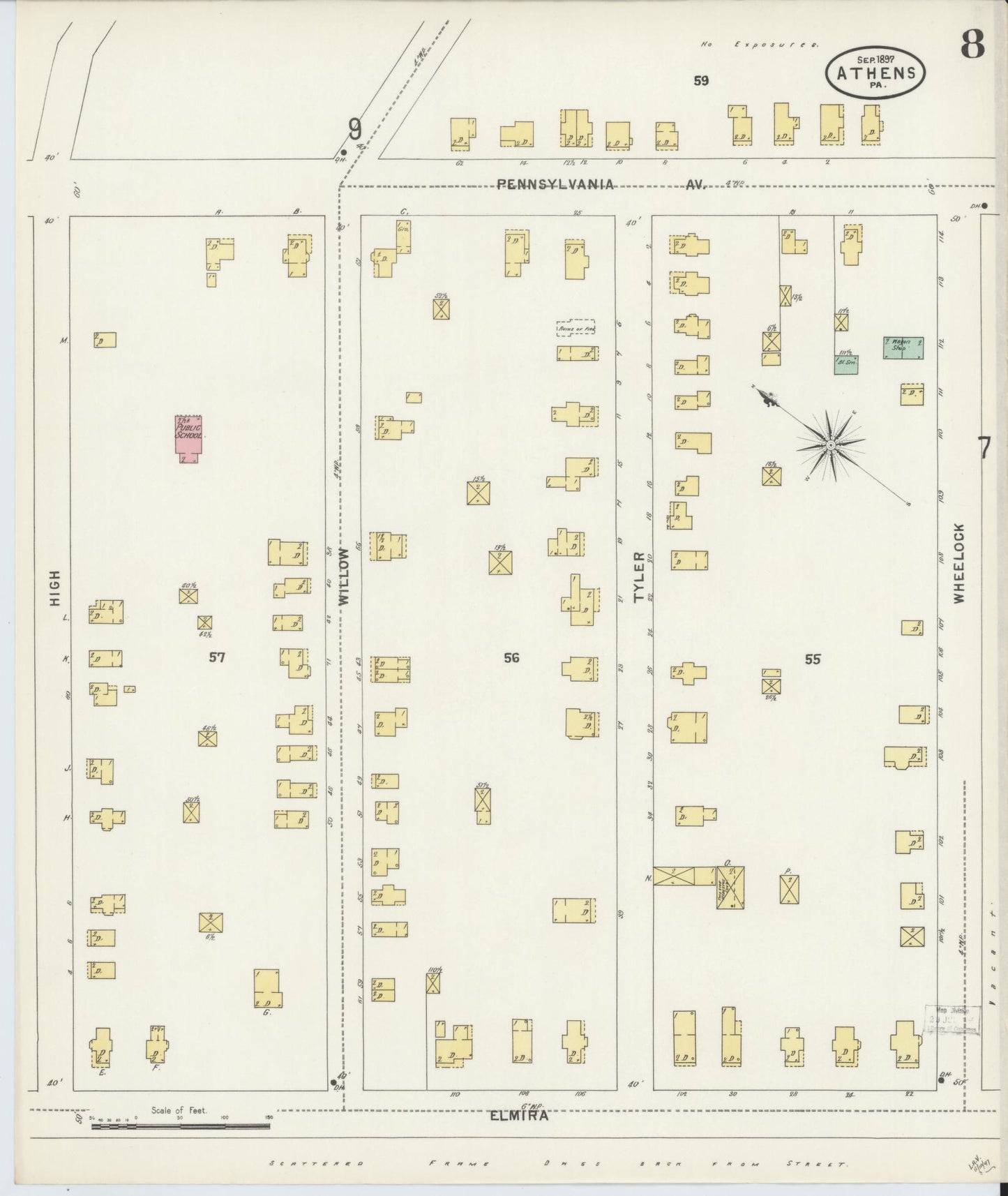Sanborn Fire Insurance Map from Athens, Bradford County, Pennsylvania (1897), Sheet #0008 - Historic Sanborn Fire Insurance Map Print, vintage old map wall art, antique decor, genealogy gift, Pennsylvania Pennsylvania map
