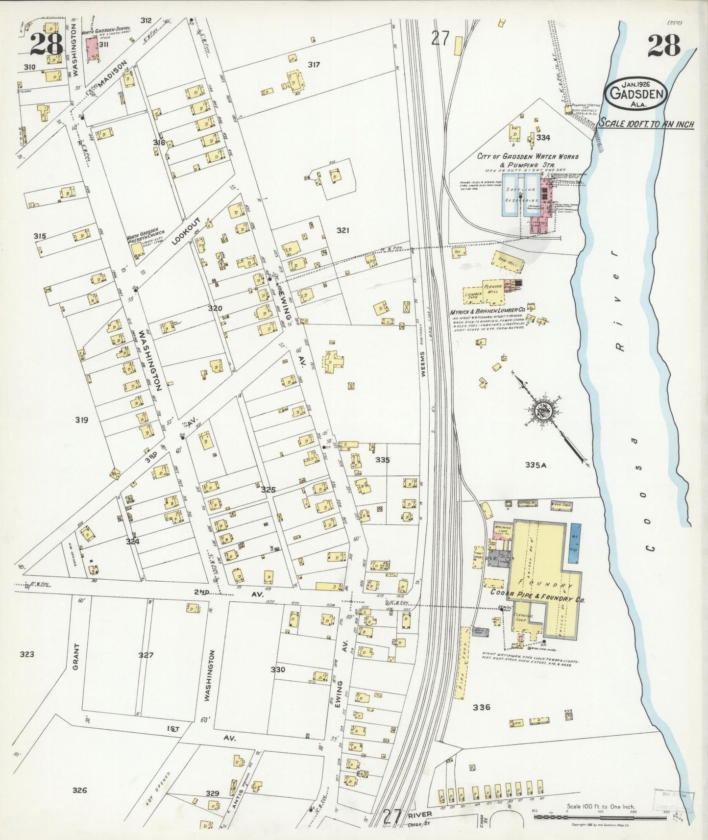 Sanborn Fire Insurance Map from Gadsden, Etowah County, Alabama (1926), Sheet #0028 - Complete Map Set gallery image, historic Sanborn map, vintage wall art, Alabama Alabama