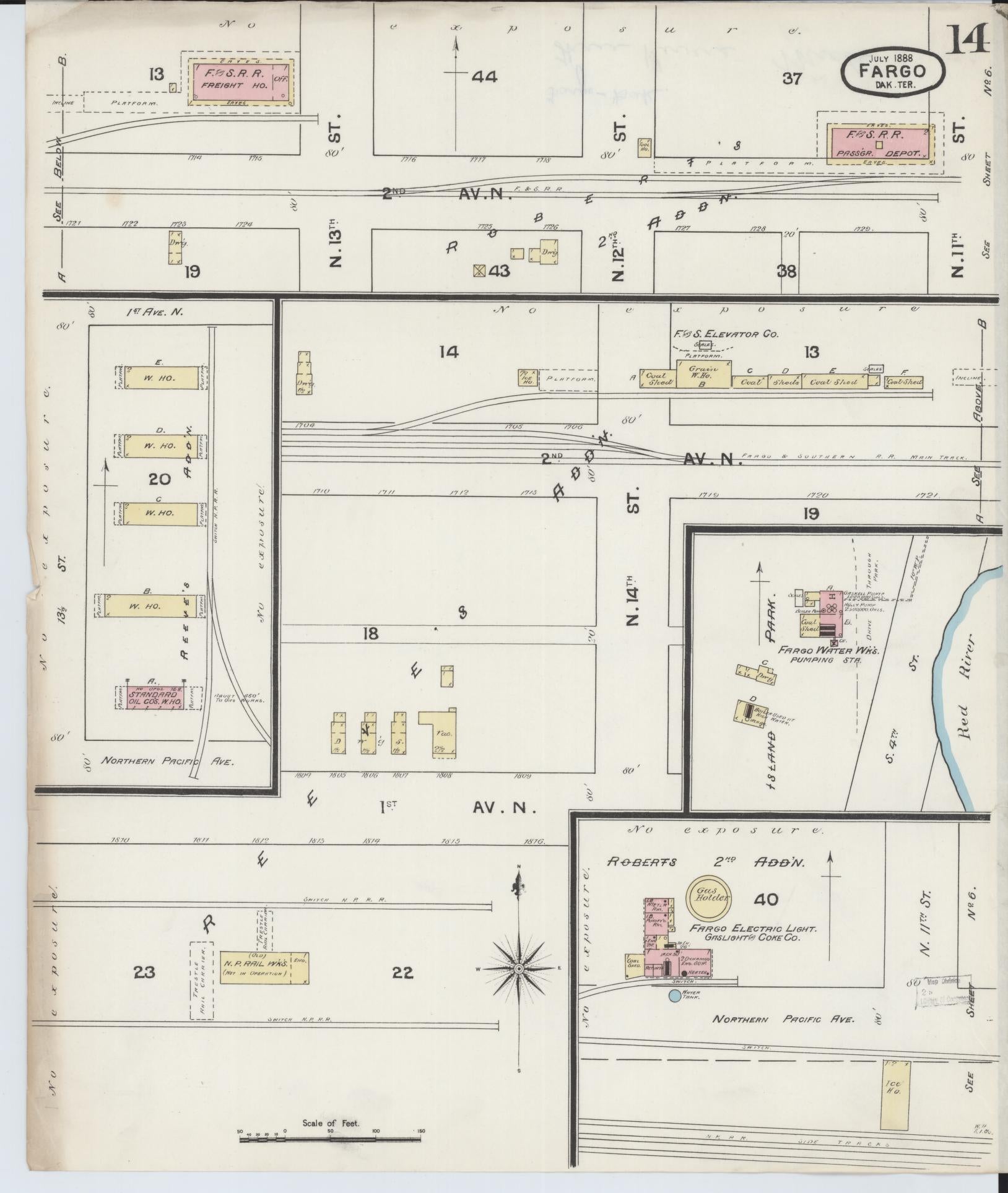 Sanborn Fire Insurance Map from Fargo, Cass County, North Dakota (1888), Sheet #0014 - Historic Sanborn Fire Insurance Map Print, vintage old map wall art, antique decor, genealogy gift, North Dakota North Dakota map
