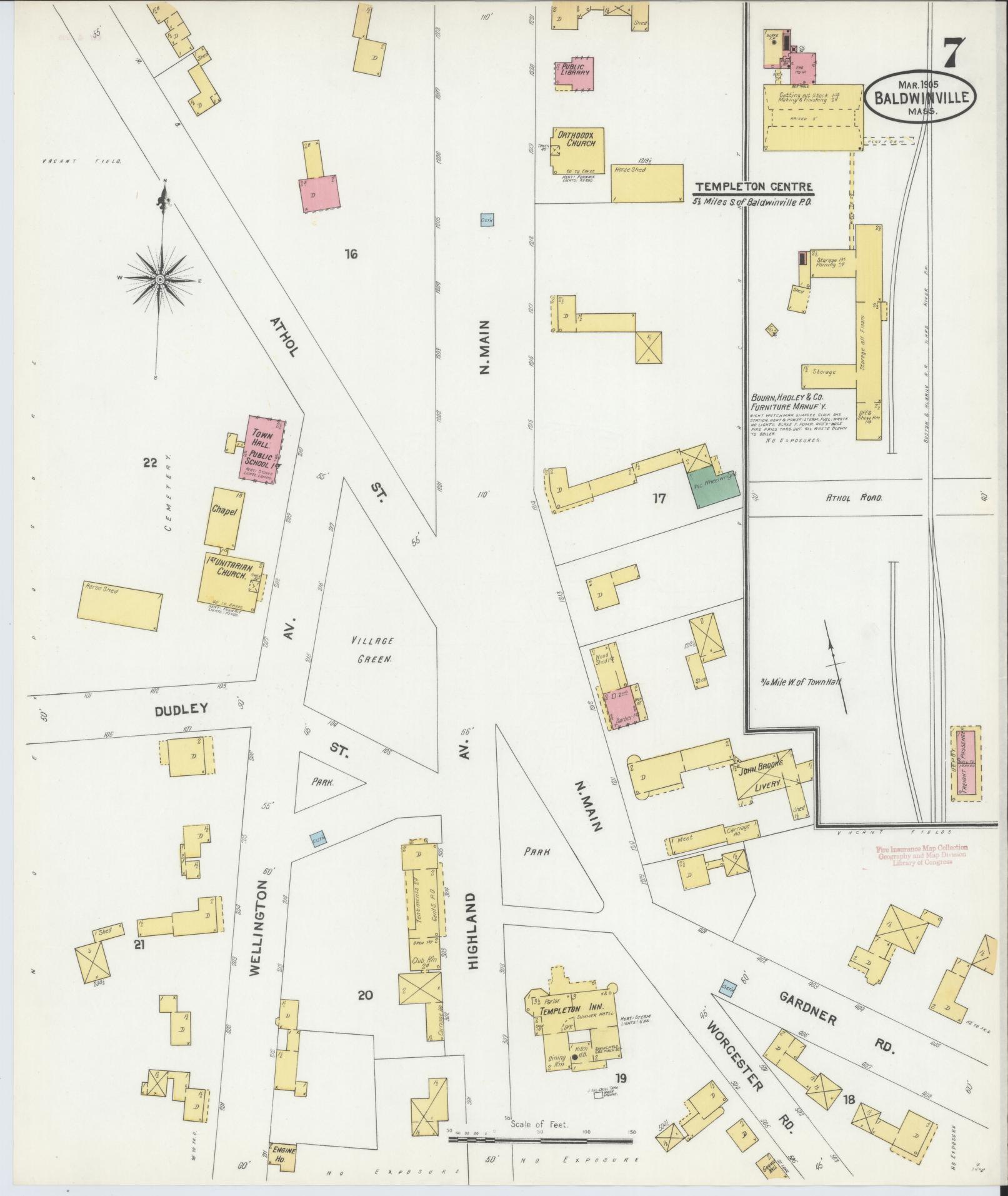 Sanborn Fire Insurance Map from Baldwinville, Worcester County, Massachusetts (1905), Sheet #0007 - Complete Map Set gallery image, historic Sanborn map, vintage wall art, Massachusetts Massachusetts
