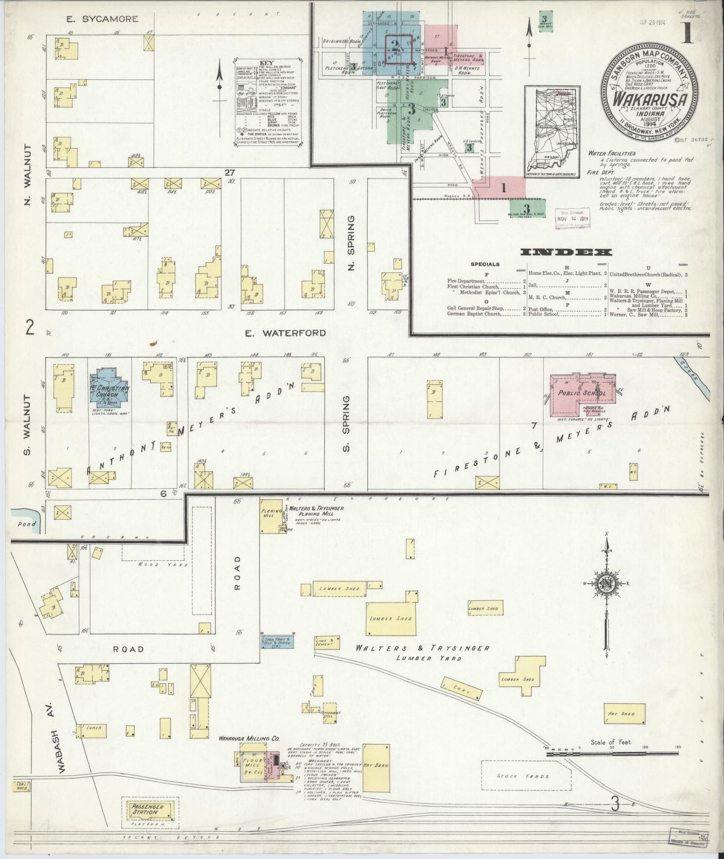 Sanborn Fire Insurance Map from Wakarusa, Elkhart County, Indiana (1914), Sheet #0001 - Historic Sanborn Fire Insurance Map Print, vintage old map wall art, antique decor, genealogy gift, Indiana Indiana map