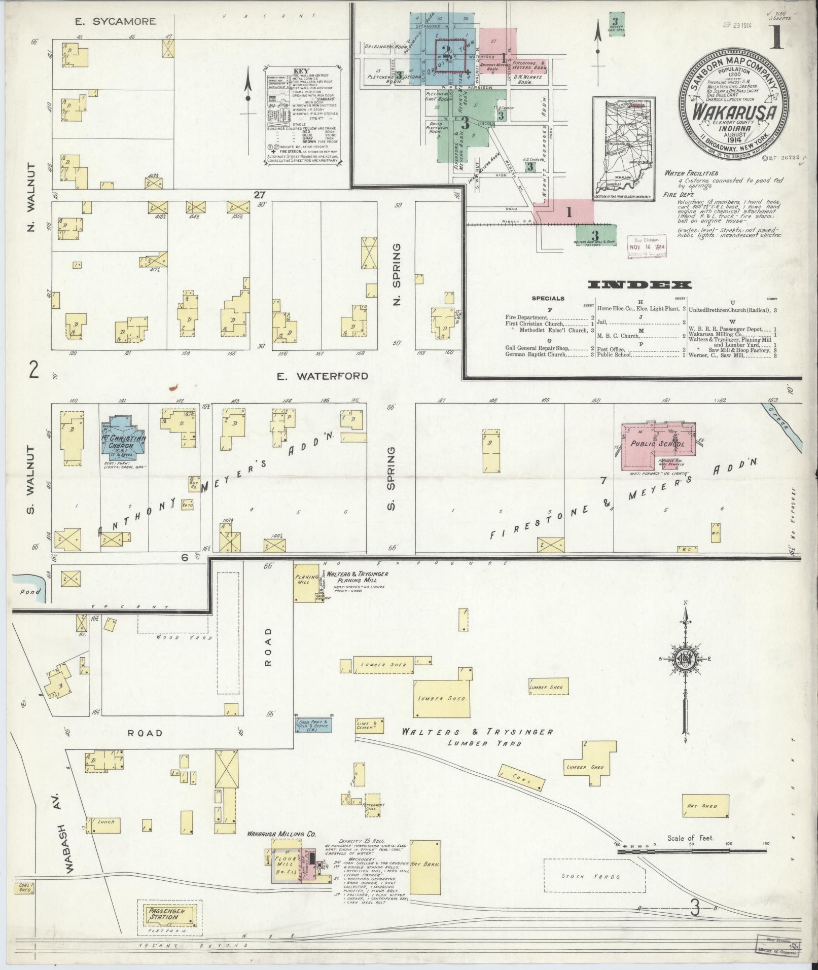 Sanborn Fire Insurance Map from Wakarusa, Elkhart County, Indiana (1914), Sheet #0001 - Historic Sanborn Fire Insurance Map Print, vintage old map wall art, antique decor, genealogy gift, Indiana Indiana map