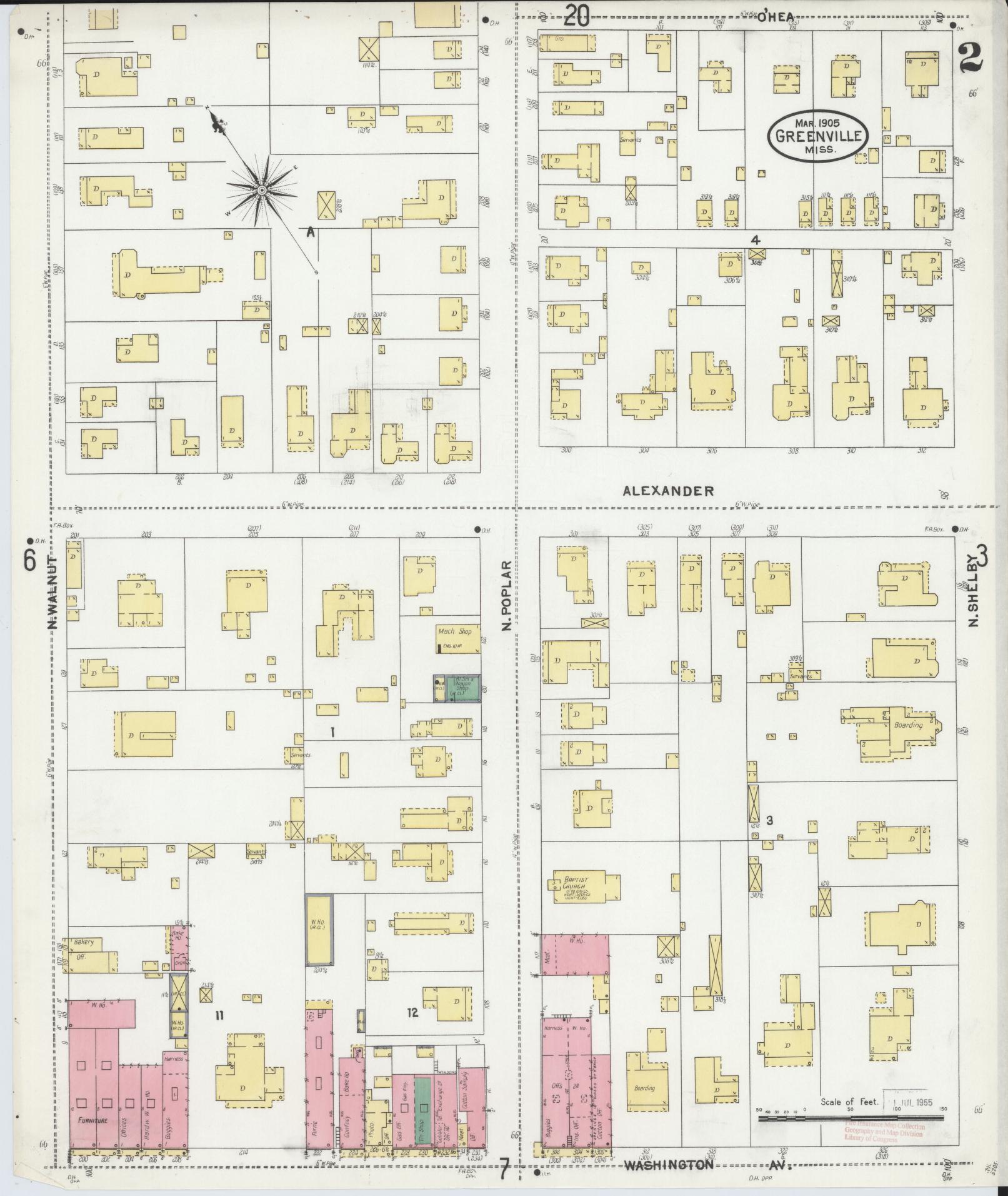 Sanborn Fire Insurance Map from Greenville, Washington County, Mississippi (1905), Sheet #0002 - Complete Map Set gallery image, historic Sanborn map, vintage wall art, Mississippi Mississippi