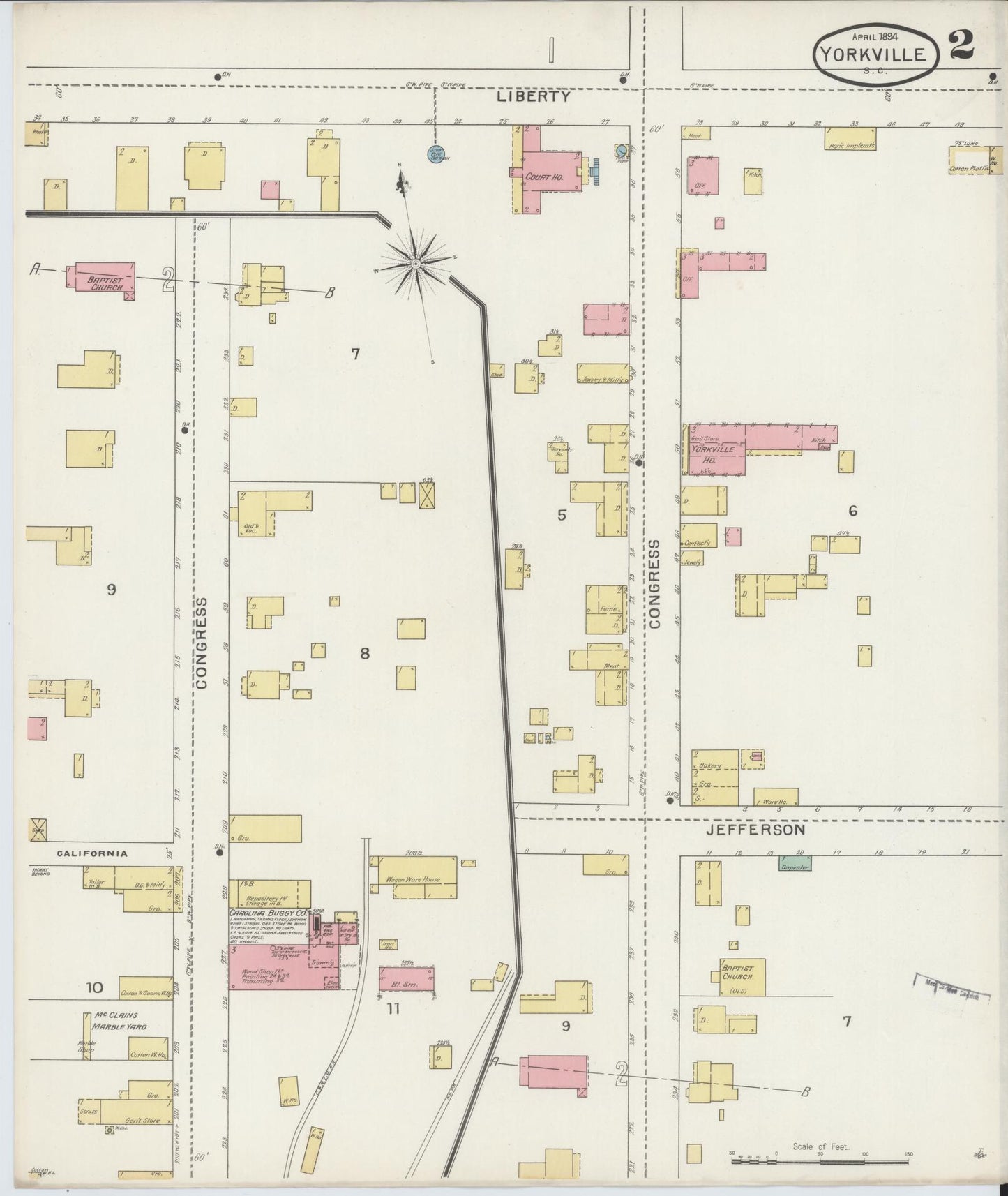 Sanborn Fire Insurance Map from York[ville], York County, South Carolina (1894), Sheet #0002 - Complete Map Set gallery image, historic Sanborn map, vintage wall art, South Carolina South Carolina