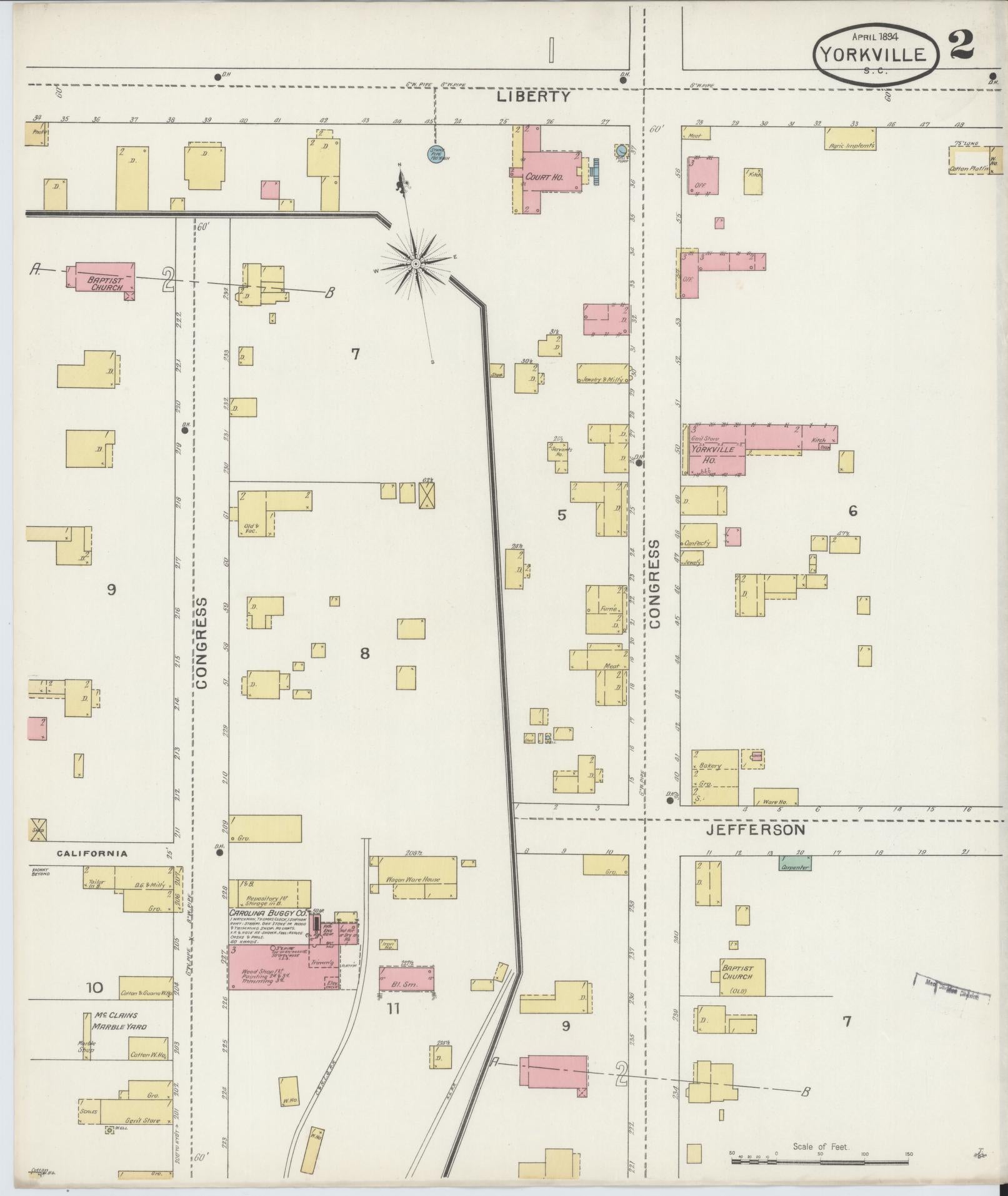 Sanborn Fire Insurance Map from York[ville], York County, South Carolina (1894), Sheet #0002 - Complete Map Set gallery image, historic Sanborn map, vintage wall art, South Carolina South Carolina