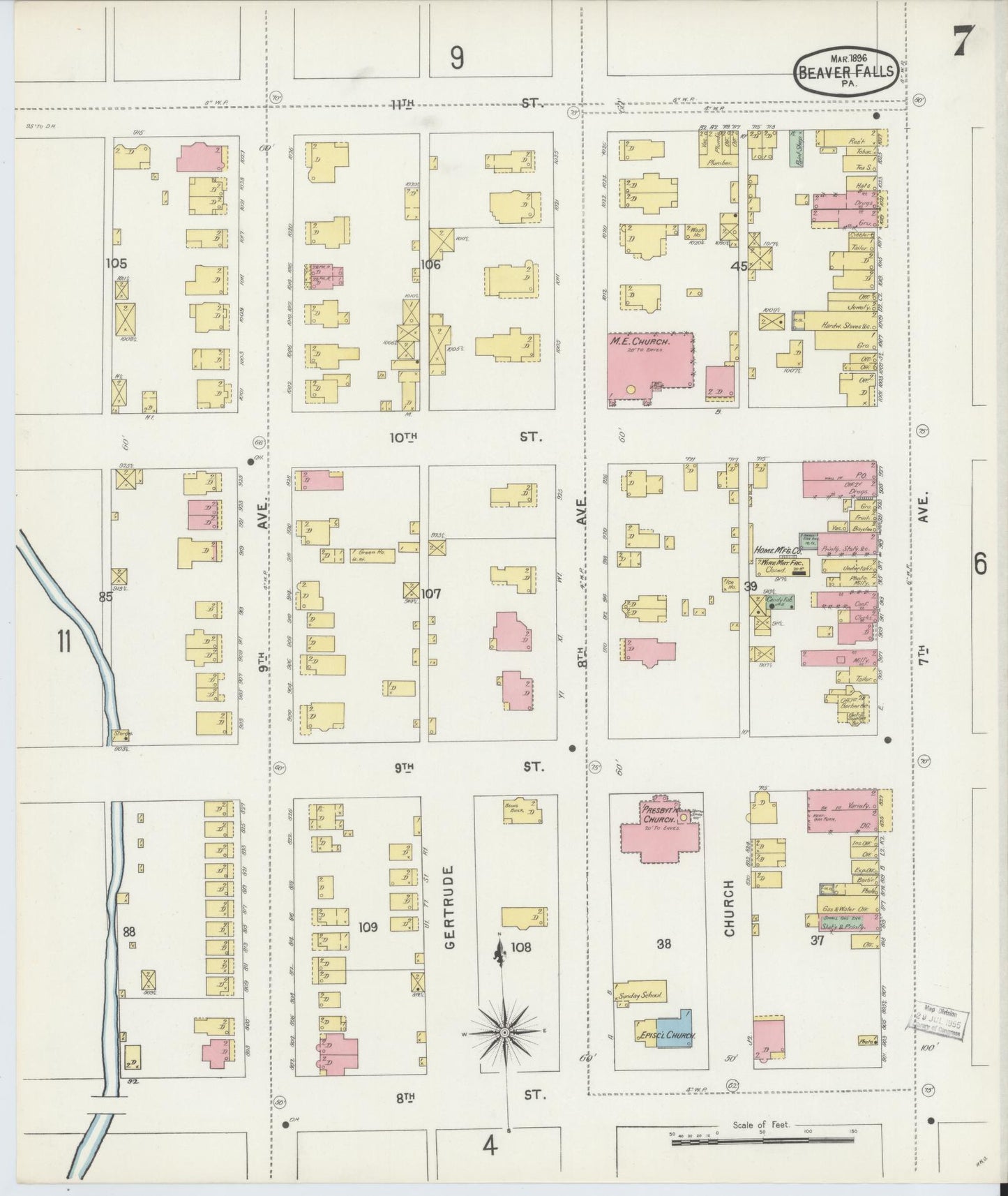 Sanborn Fire Insurance Map from Beaver Falls, Beaver County, Pennsylvania (1896), Sheet #0007 - Historic Sanborn Fire Insurance Map Print, vintage old map wall art, antique decor, genealogy gift, Pennsylvania Pennsylvania map