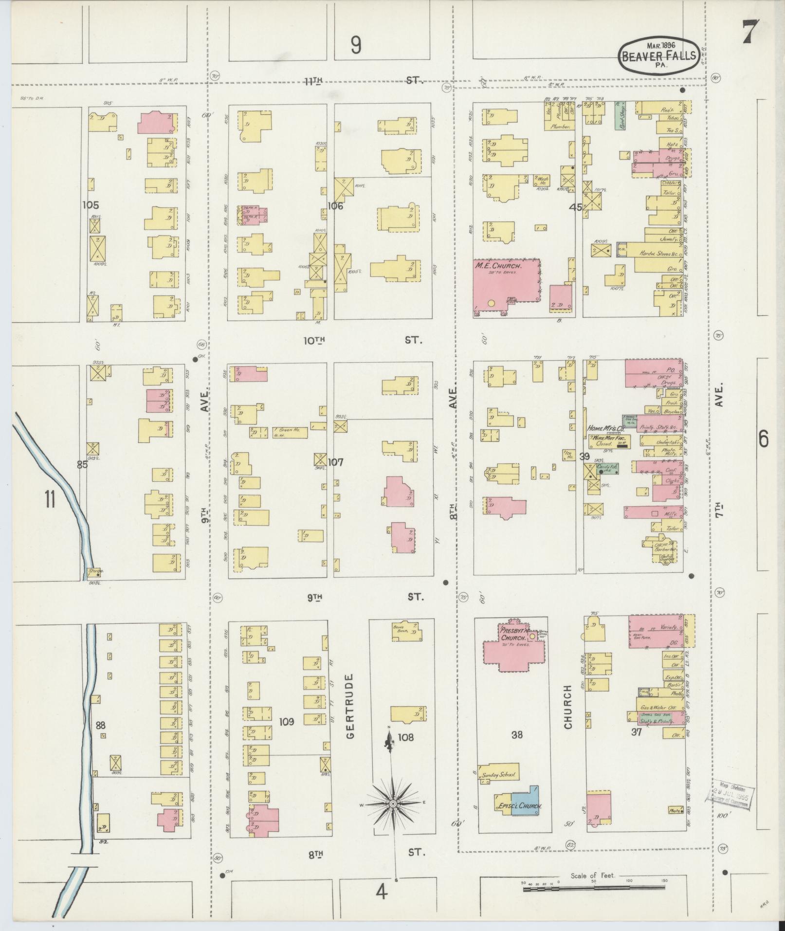 Sanborn Fire Insurance Map from Beaver Falls, Beaver County, Pennsylvania (1896), Sheet #0007 - Historic Sanborn Fire Insurance Map Print, vintage old map wall art, antique decor, genealogy gift, Pennsylvania Pennsylvania map