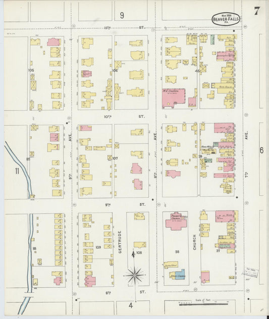 Sanborn Fire Insurance Map from Beaver Falls, Beaver County, Pennsylvania (1896), Sheet #0007 - Historic Sanborn Fire Insurance Map Print, vintage old map wall art, antique decor, genealogy gift, Pennsylvania Pennsylvania map