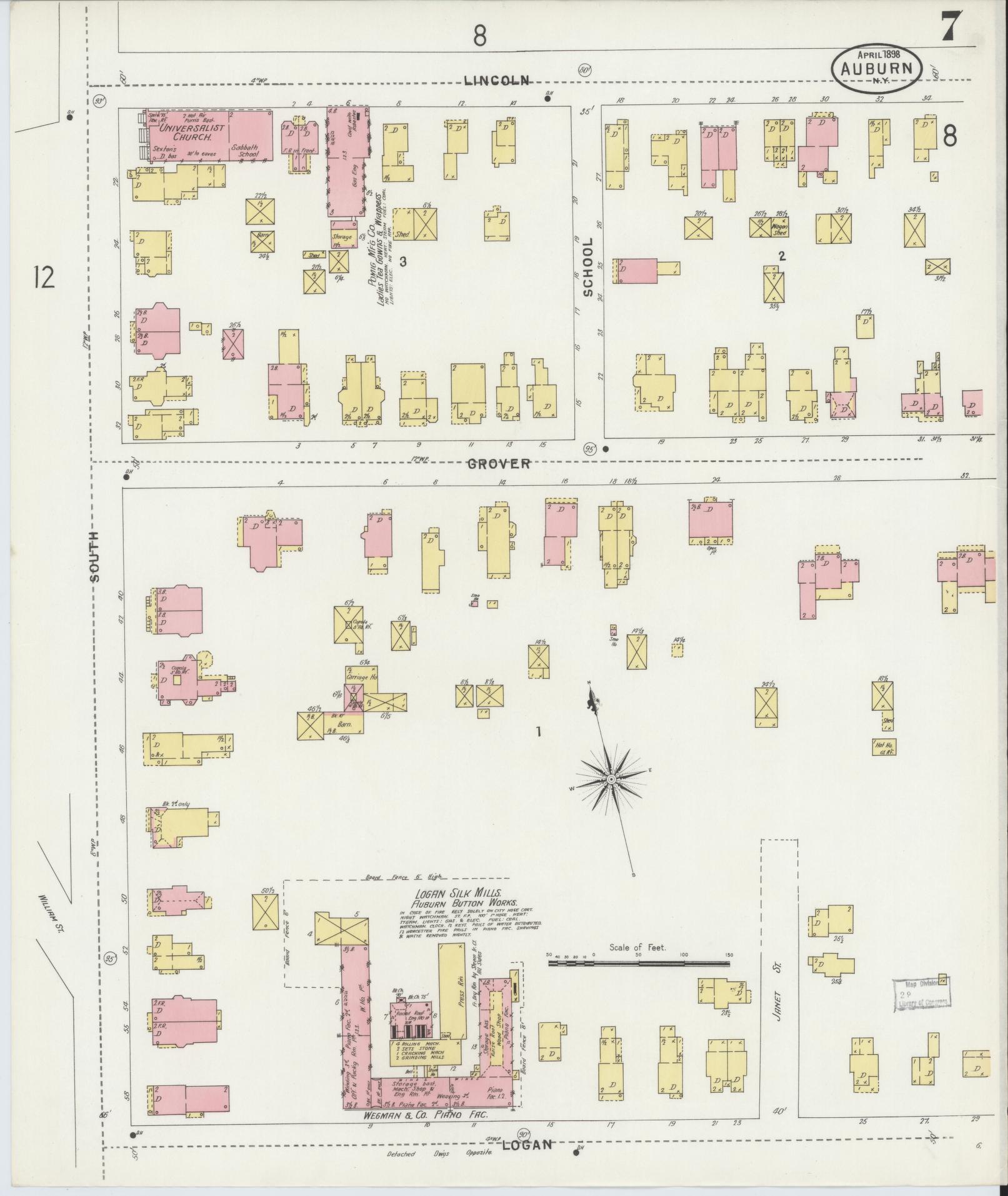 Sanborn Fire Insurance Map from Auburn, Cayuga County, New York (1898), Sheet #0007 - Historic Sanborn Fire Insurance Map Print, vintage old map wall art, antique decor, genealogy gift, New York New York map