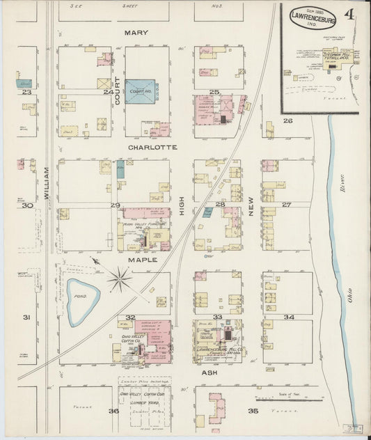 Sanborn Fire Insurance Map from Lawrenceburg, Dearborn County, Indiana (1885), Sheet #0004 - Historic Sanborn Fire Insurance Map Print, vintage old map wall art, antique decor, genealogy gift, Indiana Indiana map