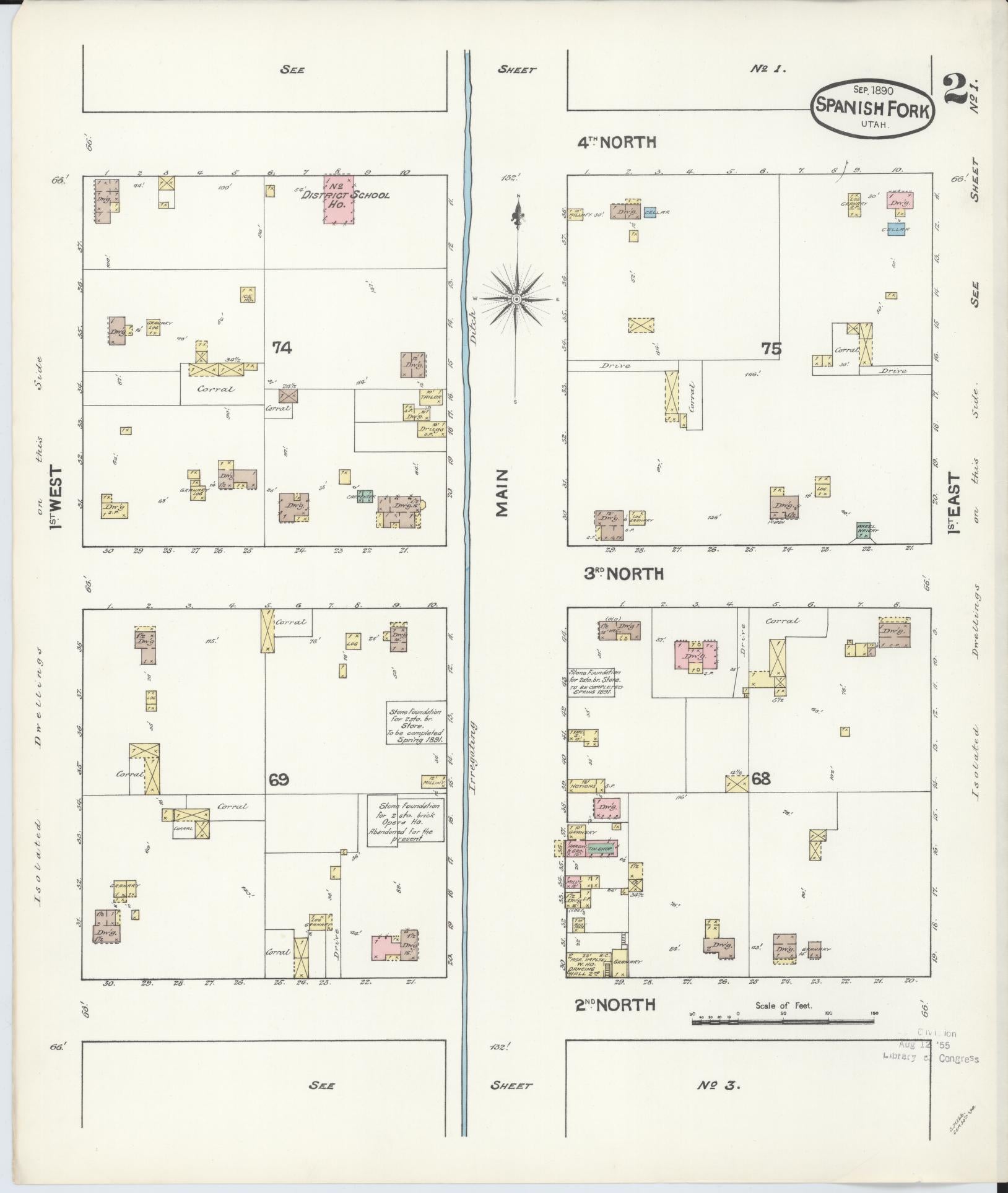 Sanborn Fire Insurance Map from Spanish Fork, Utah County, Utah (1890), Sheet #0002 - Historic Sanborn Fire Insurance Map Print, vintage old map wall art, antique decor, genealogy gift, Spanish Fork Utah map