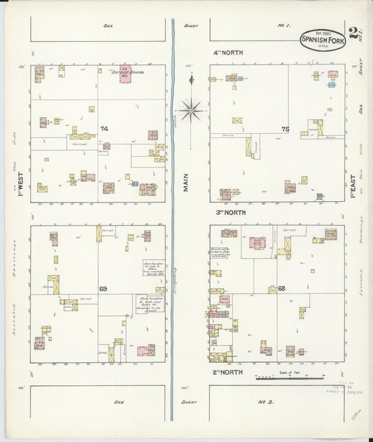 Sanborn Fire Insurance Map from Spanish Fork, Utah County, Utah (1890), Sheet #0002 - Historic Sanborn Fire Insurance Map Print, vintage old map wall art, antique decor, genealogy gift, Spanish Fork Utah map
