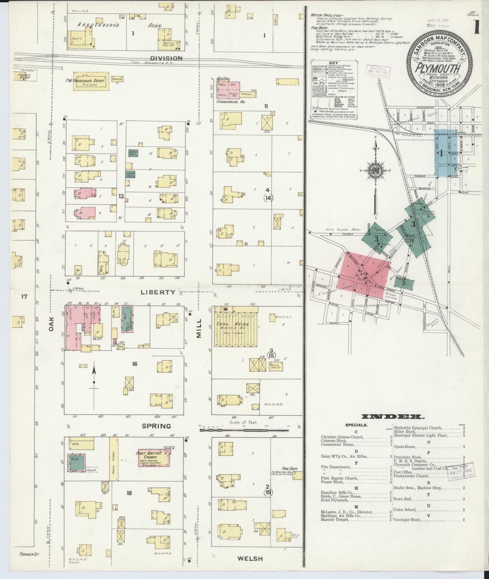 Sanborn Fire Insurance Map from Plymouth, Wayne County, Michigan (1909), Sheet #0001 - Complete Map Set gallery image, historic Sanborn map, vintage wall art, Michigan Michigan