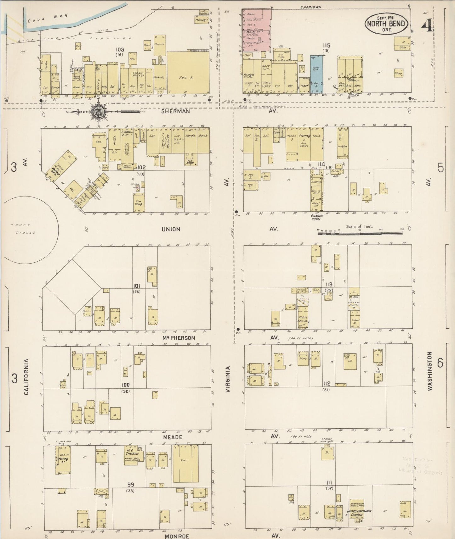 Sanborn Fire Insurance Map from North Bend, Coos County, Oregon (1911), Sheet #0004 - Historic Sanborn Fire Insurance Map Print, vintage old map wall art, antique decor, genealogy gift, Oregon Oregon map