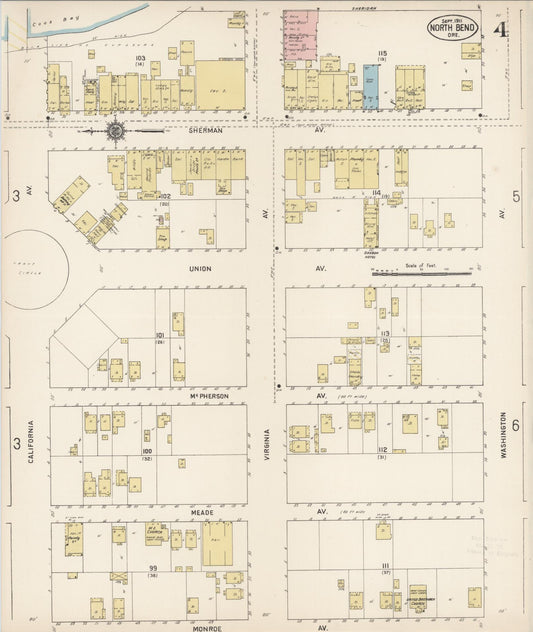 Sanborn Fire Insurance Map from North Bend, Coos County, Oregon (1911), Sheet #0004 - Historic Sanborn Fire Insurance Map Print, vintage old map wall art, antique decor, genealogy gift, Oregon Oregon map