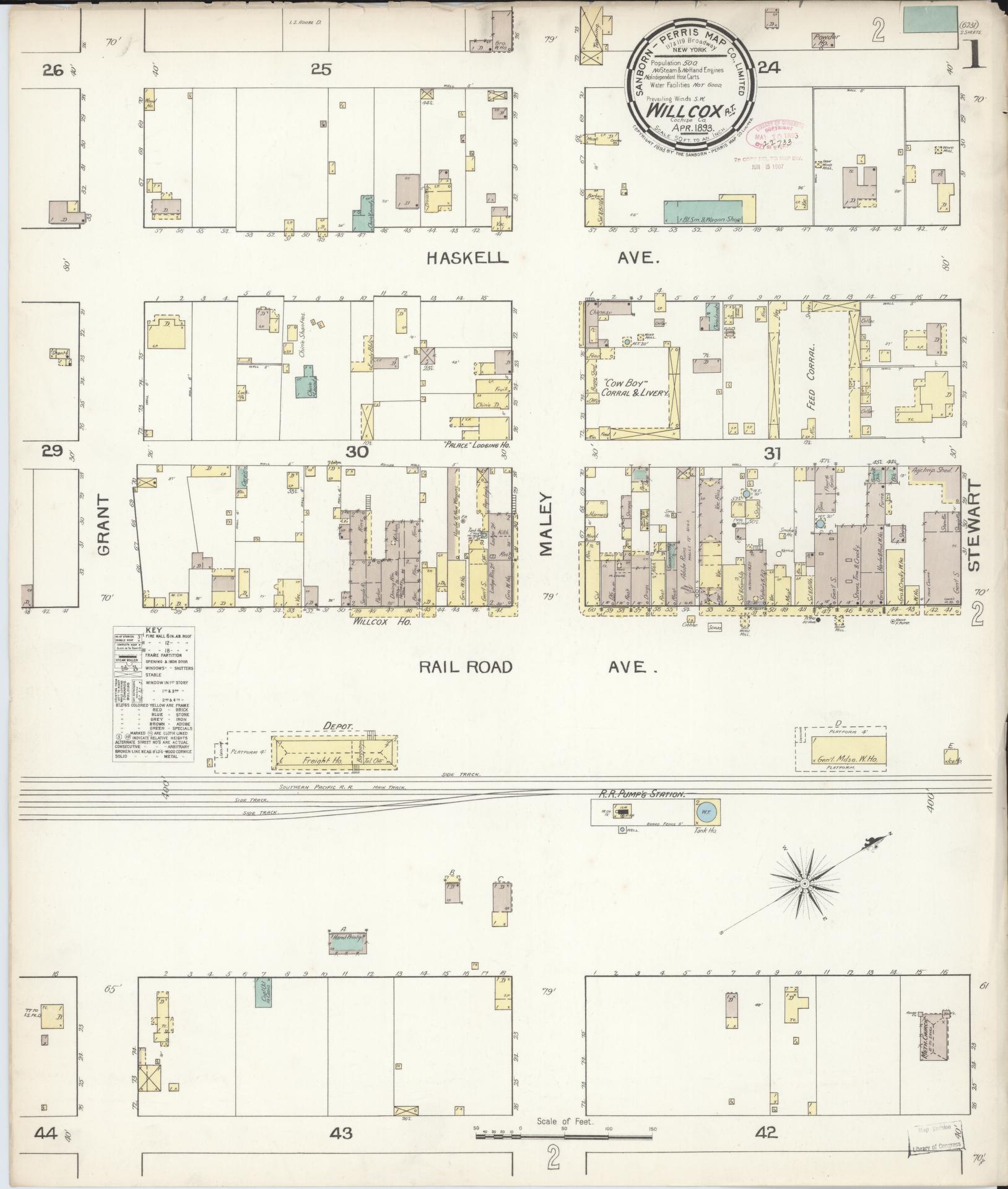 Sanborn Fire Insurance Map from Willcox, Cochise County, Arizona (1893), Sheet #0001 - Historic Sanborn Fire Insurance Map Print, vintage old map wall art, antique decor, genealogy gift, Arizona Arizona map