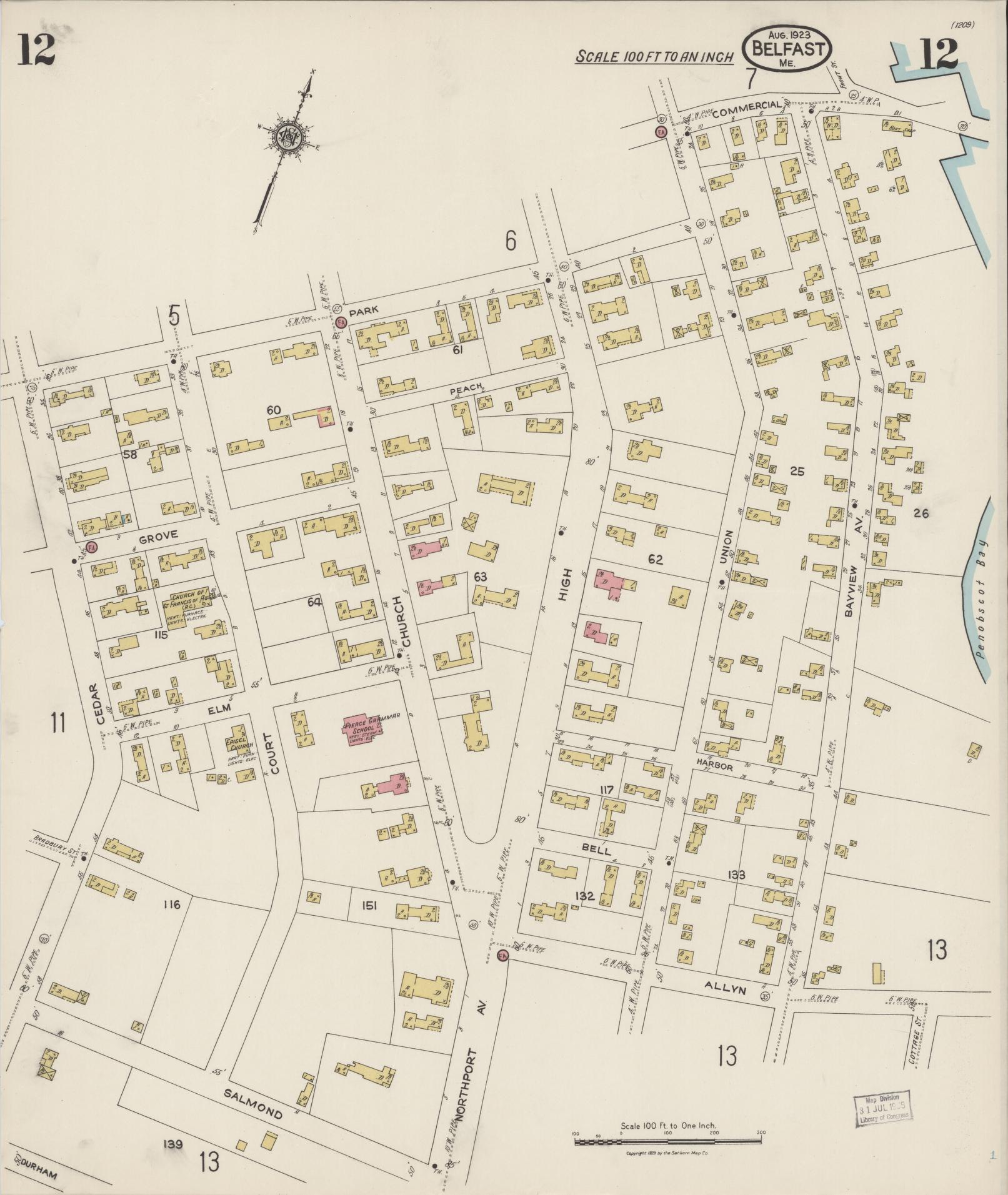Sanborn Fire Insurance Map from Belfast, Waldo County, Maine (1923), Sheet #0012 - Complete Map Set gallery image, historic Sanborn map, vintage wall art, Maine Maine