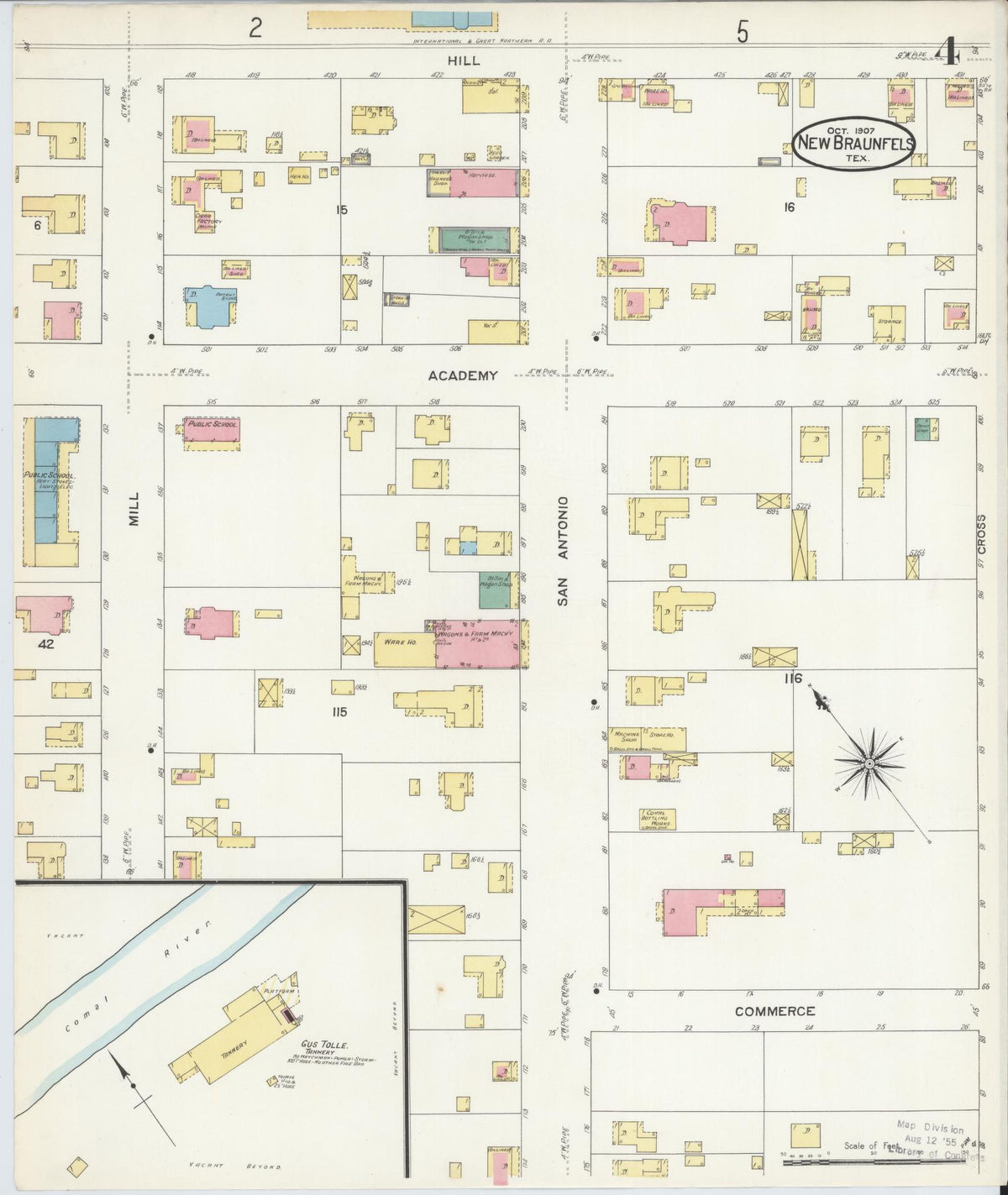 Sanborn Fire Insurance Map from New Braunfels, Comal County, Texas (1907), Sheet #0004 - Historic Sanborn Fire Insurance Map Print, vintage old map wall art, antique decor, genealogy gift, Texas Texas map