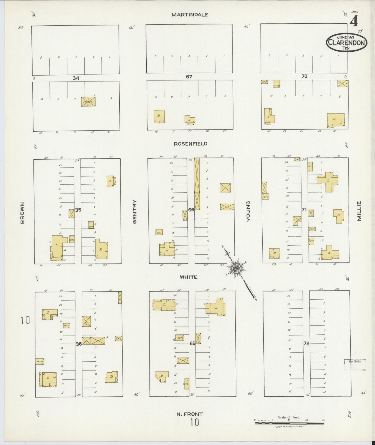 Sanborn Fire Insurance Map from Clarendon, Donley County, Texas (1921), Sheet #0004 - Historic Sanborn Fire Insurance Map Print, vintage old map wall art, antique decor, genealogy gift, Texas Texas map