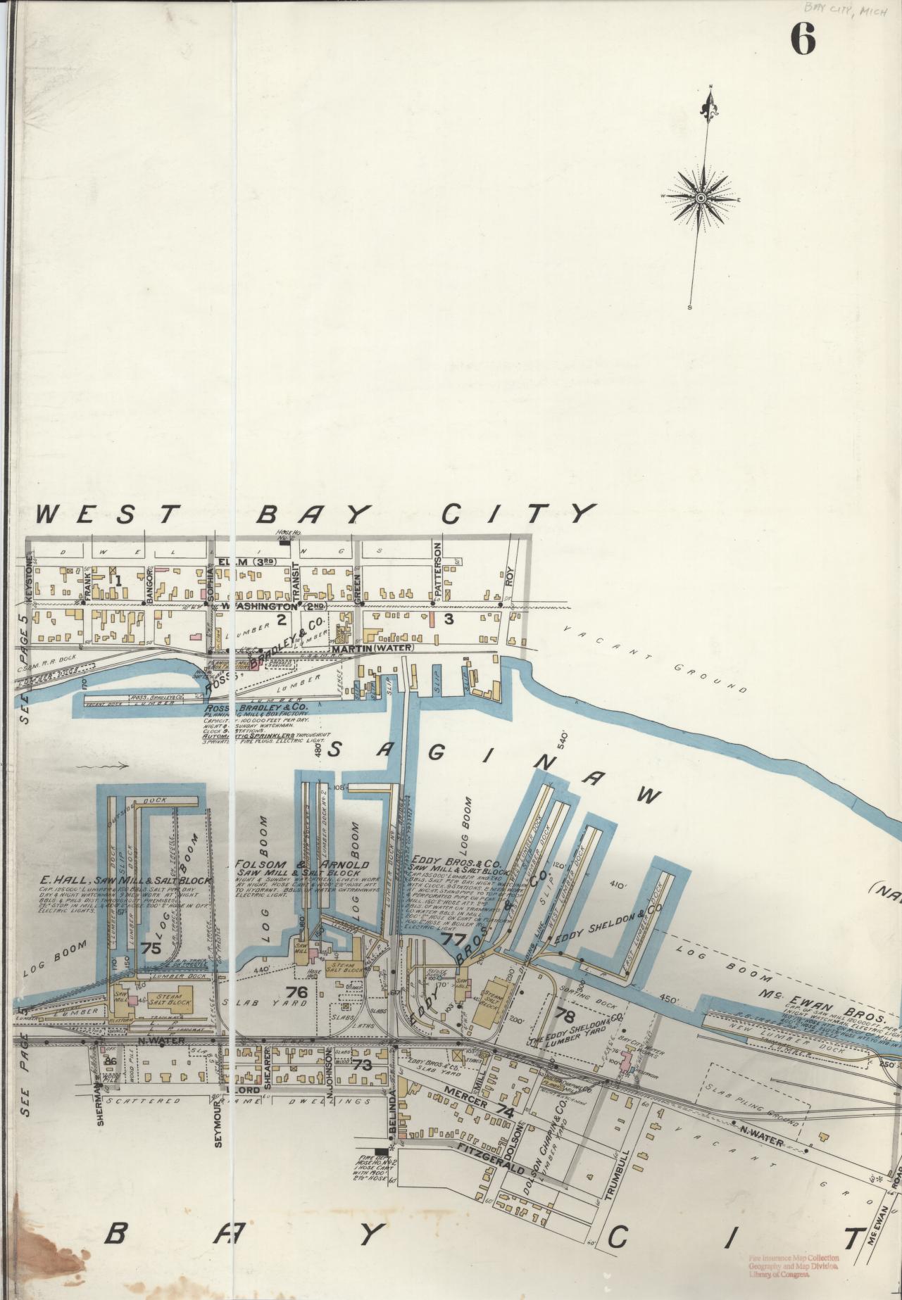 Sanborn Fire Insurance Map from Bay City, Bay County, Michigan (1895), Sheet #0006 - Historic Sanborn Fire Insurance Map Print, vintage old map wall art, antique decor, genealogy gift, Michigan Michigan map