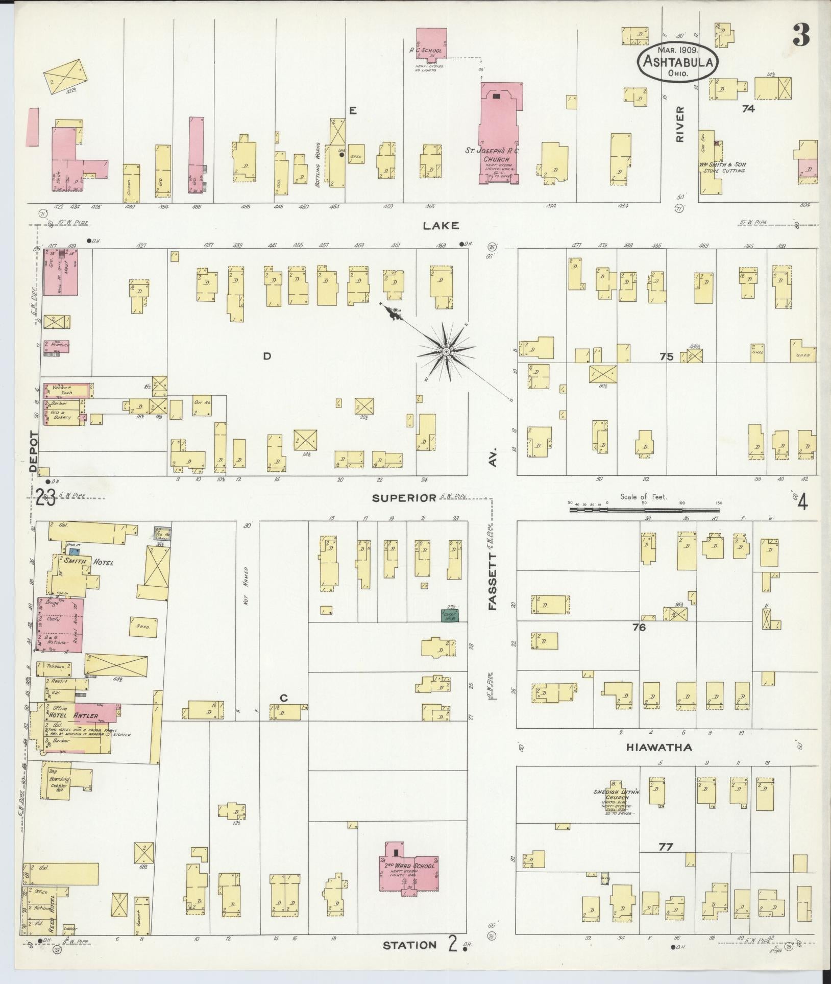 Sanborn Fire Insurance Map from Ashtabula, Ashtabula County, Ohio (1909), Sheet #0003 - Historic Sanborn Fire Insurance Map Print, vintage old map wall art, antique decor, genealogy gift, Ohio Ohio map