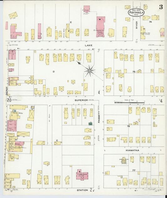 Sanborn Fire Insurance Map from Ashtabula, Ashtabula County, Ohio (1909), Sheet #0003 - Historic Sanborn Fire Insurance Map Print, vintage old map wall art, antique decor, genealogy gift, Ohio Ohio map