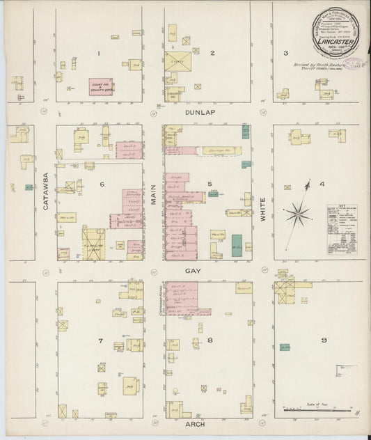 Sanborn Fire Insurance Map from Lancaster, Lancaster County, South Carolina (1886), Sheet #0001 - Historic Sanborn Fire Insurance Map Print, vintage old map wall art, antique decor, genealogy gift, South Carolina South Carolina map