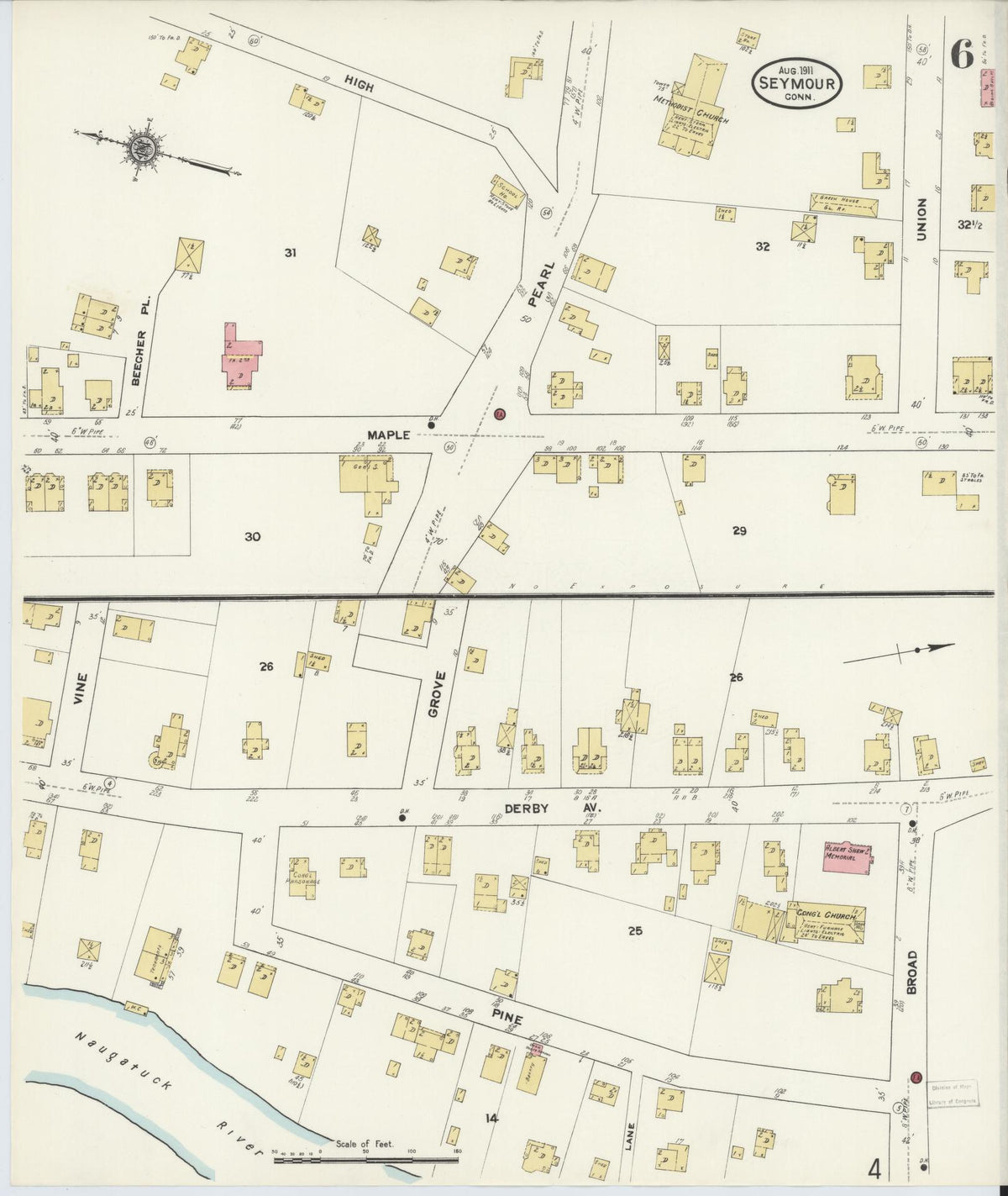 Sanborn Fire Insurance Map from Seymour, New Haven County, Connecticut (1911), Sheet #0006 - Historic Sanborn Fire Insurance Map Print, vintage old map wall art, antique decor, genealogy gift, Connecticut Connecticut map