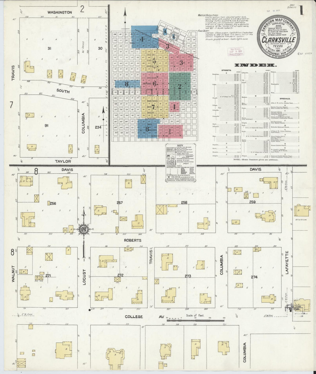 Sanborn Fire Insurance Map from Clarksville, Red River County, Texas (1911), Sheet #0001 - Complete Map Set gallery image, historic Sanborn map, vintage wall art, Texas Texas